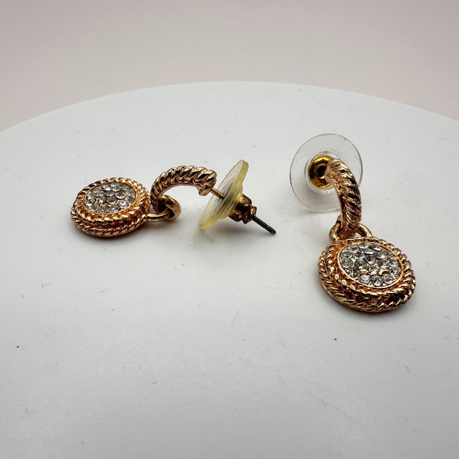 Vintage 90s Gold Tone Glass Pave Round Drop Dangle Earrings Fashion Jewelry - Thumbnail 5