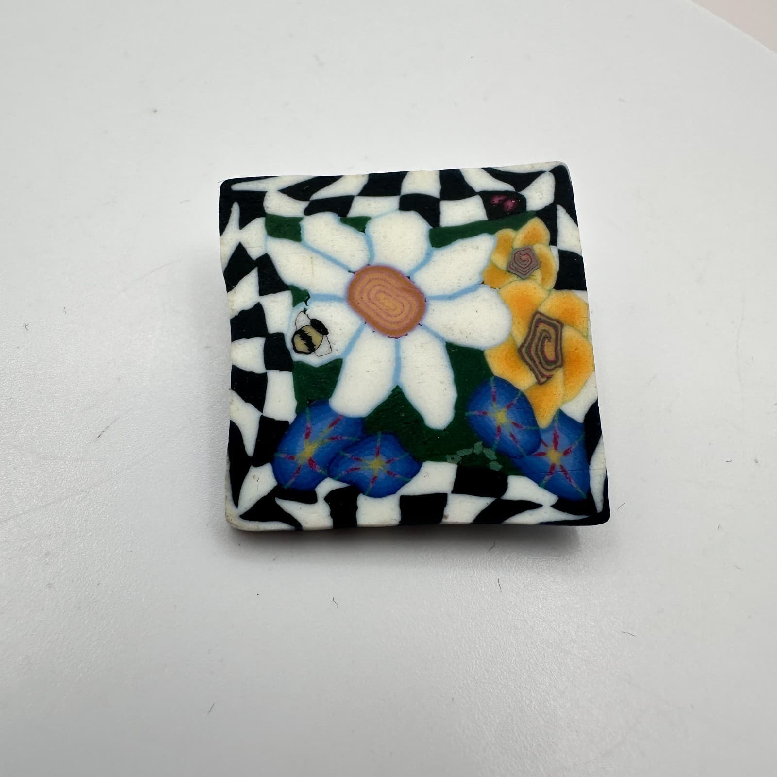 Vintage Y2K Silver Tone Polycrome Clay Bee Floral Square Brooch Pin Jewelry - Thumbnail 4