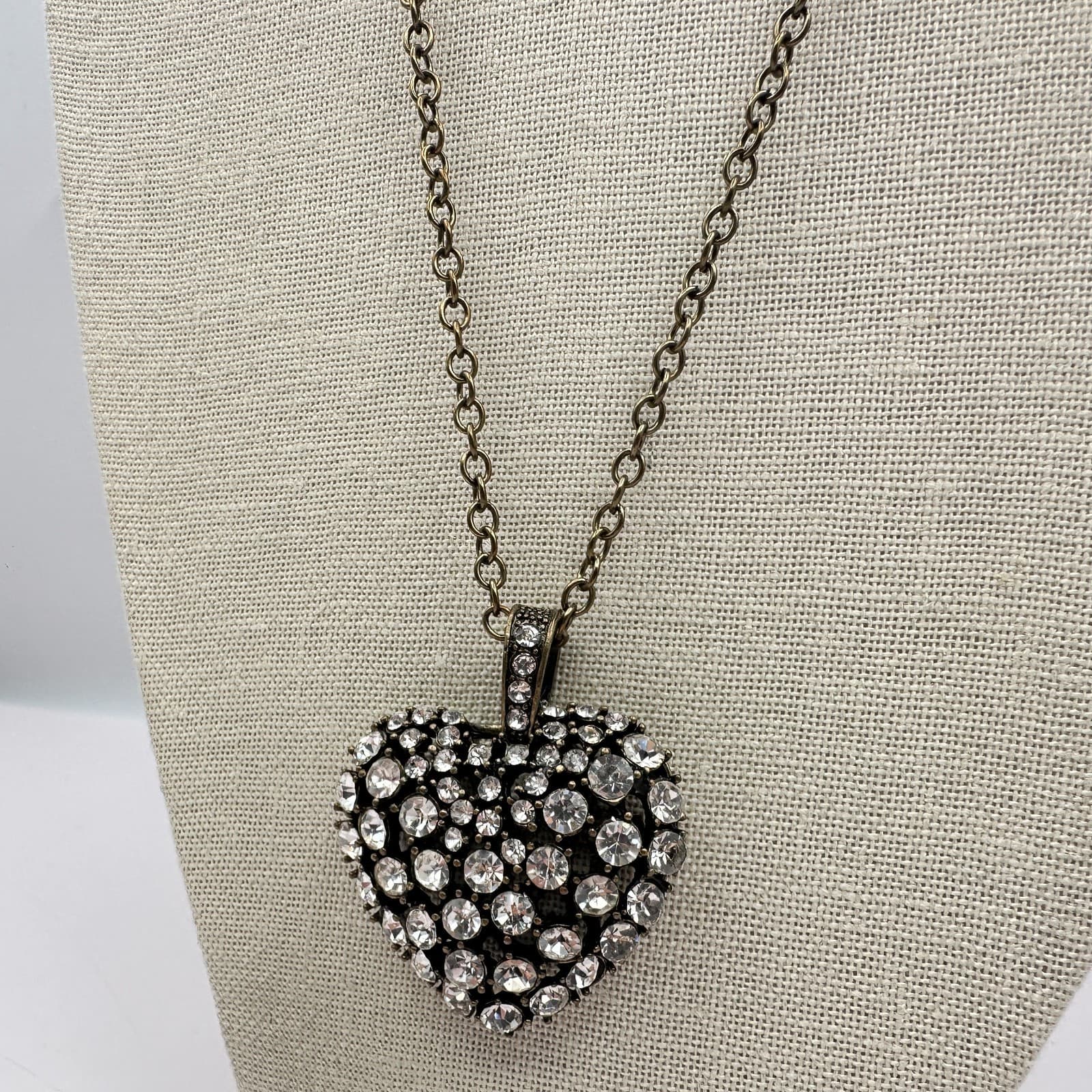 Vintage 90s Bronze Tone Heart Pendant Necklace Clear Glass Boho Fashion Jewelry - Thumbnail 6