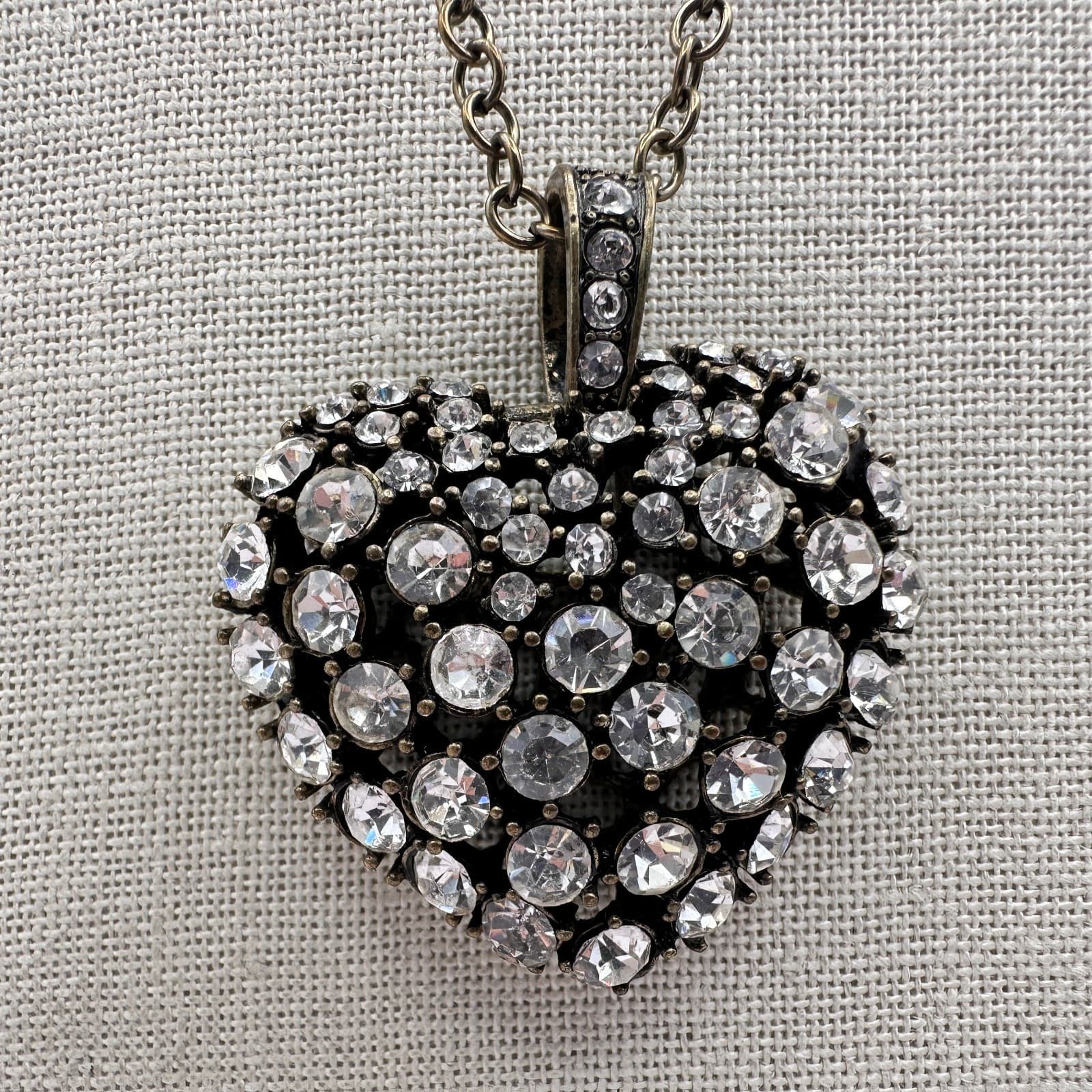 Vintage 90s Bronze Tone Heart Pendant Necklace Clear Glass Boho Fashion Jewelry - Thumbnail 4