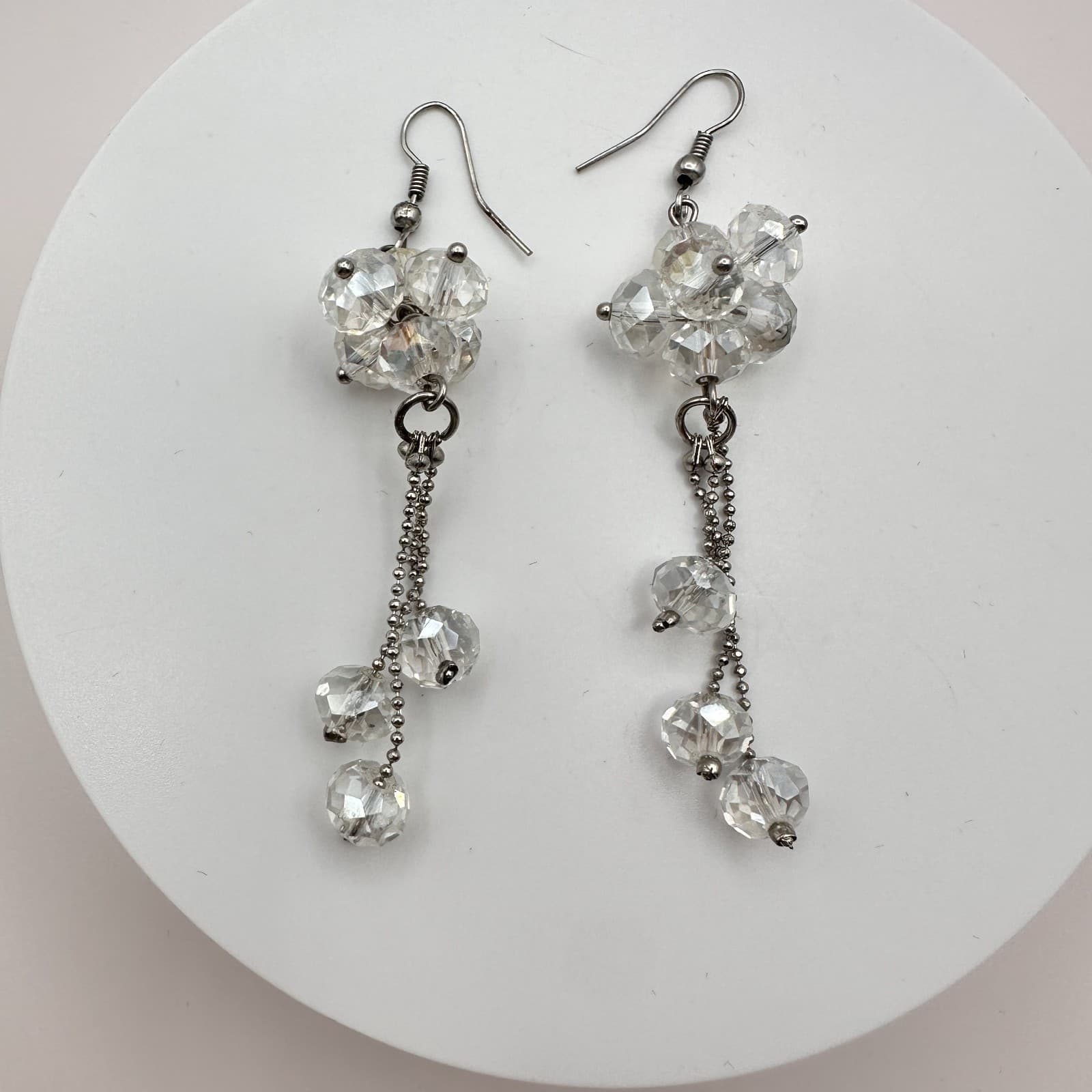Vintage Y2K Silver Tone Clear Faceted Glass Beaded Tassel Earrings Jewelry - Thumbnail 2