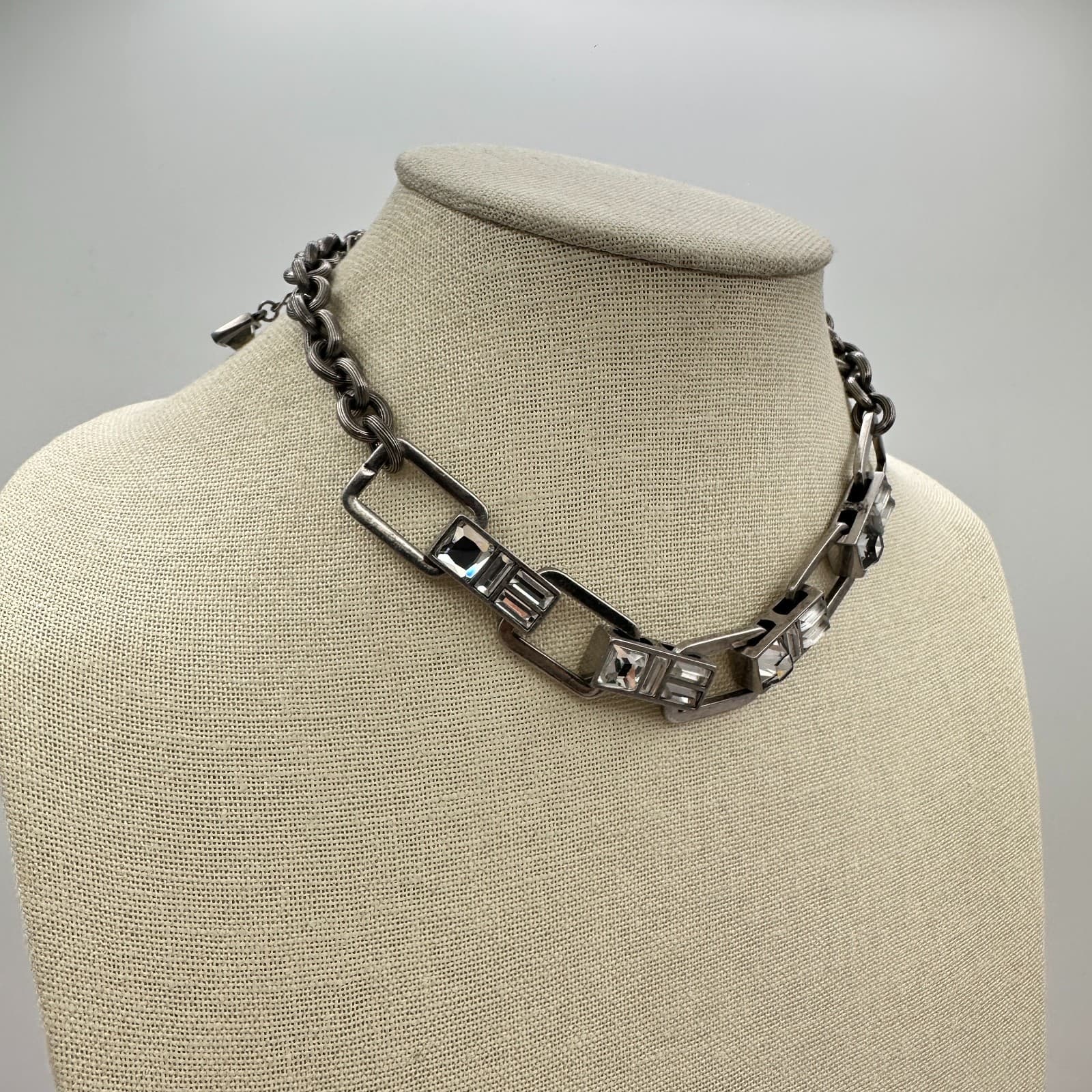 VTG 90s Keren Hanan Silver Tone Clear Glass Industrial Link Statement Necklace - Thumbnail 6