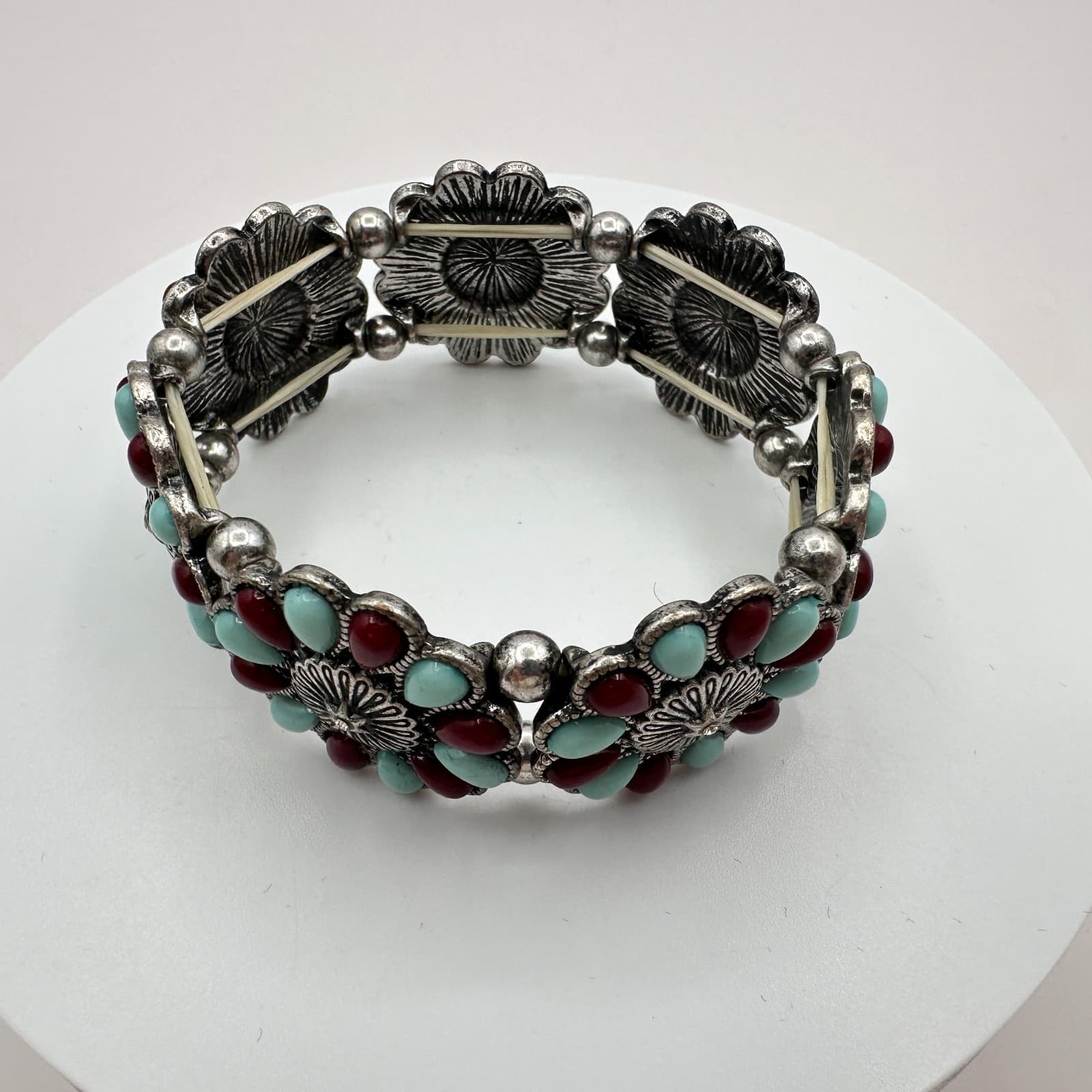 Vintage Y2K Silver Tone Turquoise Red Cabochon Stretch Floral Bracelet Jewelry - Thumbnail 3