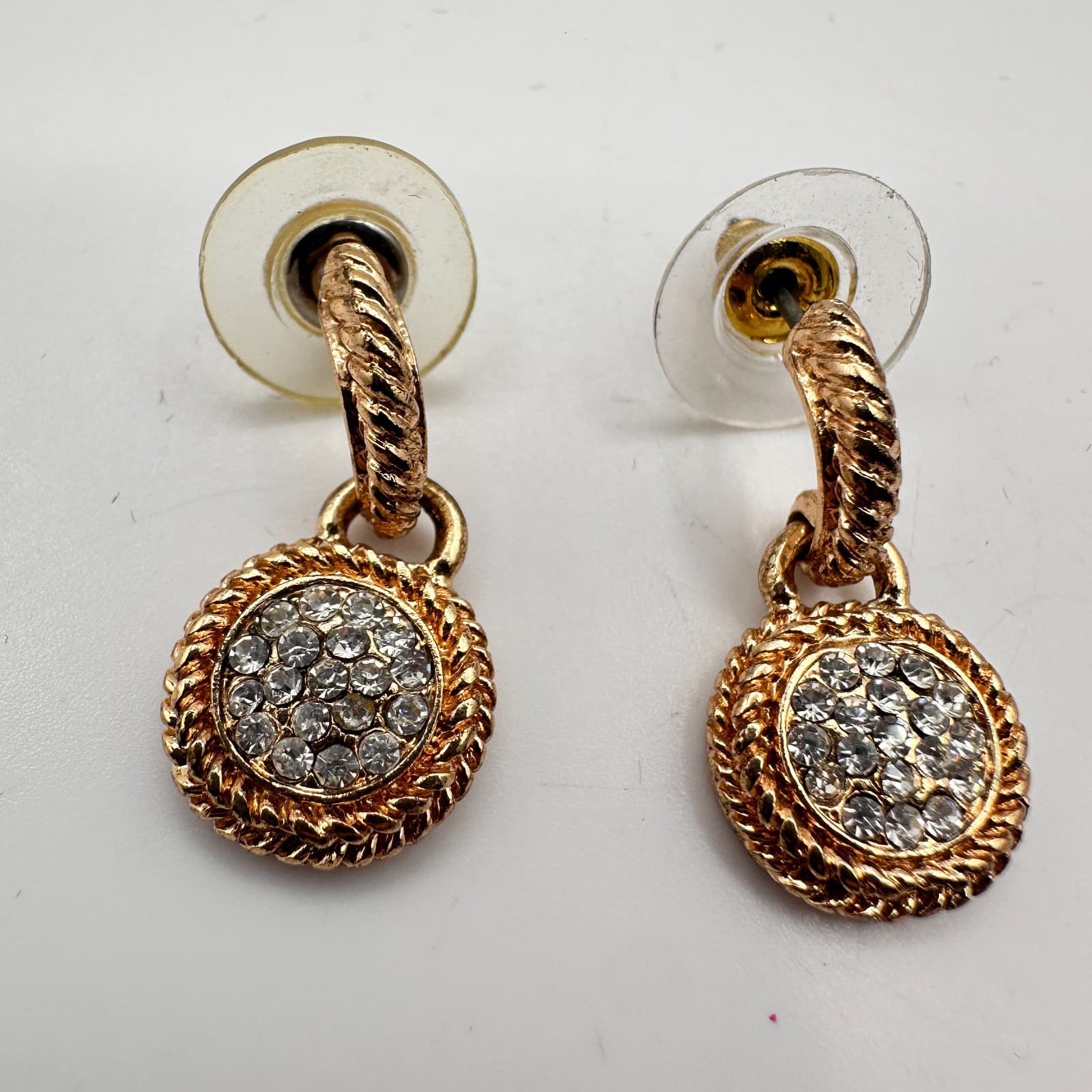 Vintage 90s Gold Tone Glass Pave Round Drop Dangle Earrings Fashion Jewelry - Thumbnail 4