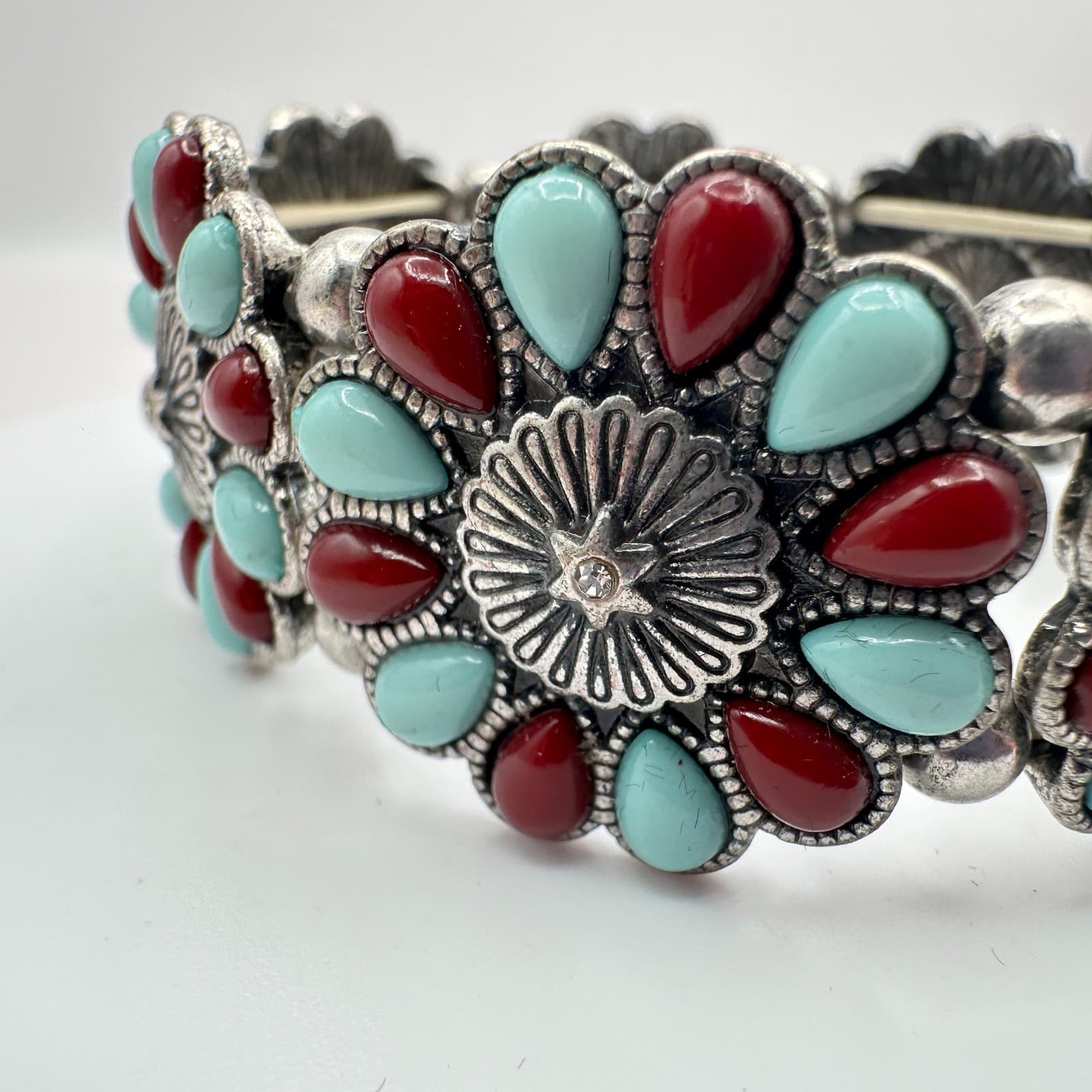 Vintage Y2K Silver Tone Turquoise Red Cabochon Stretch Floral Bracelet Jewelry - Thumbnail 5