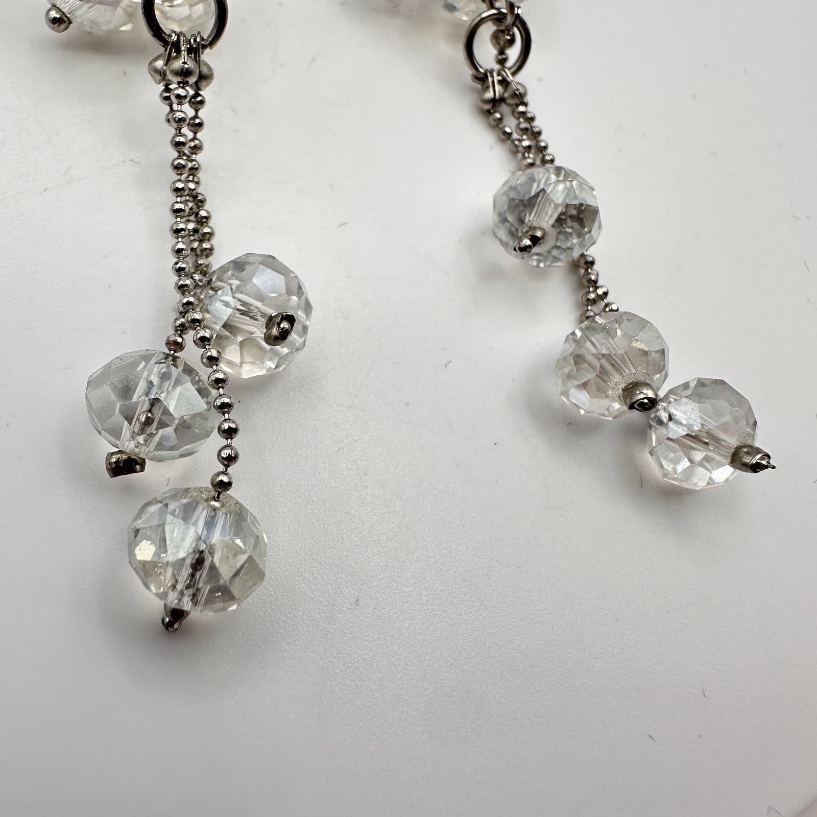 Vintage Y2K Silver Tone Clear Faceted Glass Beaded Tassel Earrings Jewelry - Thumbnail 5