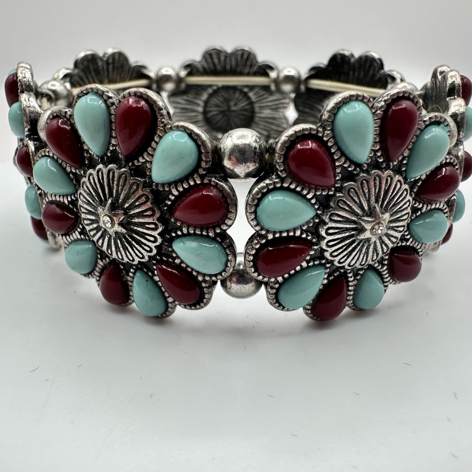 Vintage Y2K Silver Tone Turquoise Red Cabochon Stretch Floral Bracelet Jewelry - Thumbnail 4