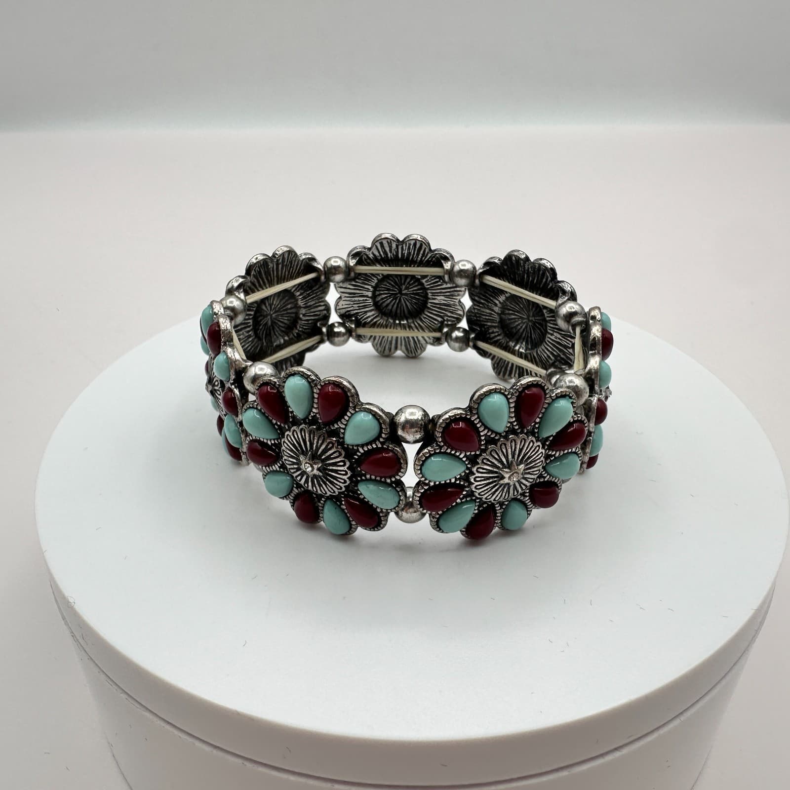 Vintage Y2K Silver Tone Turquoise Red Cabochon Stretch Floral Bracelet Jewelry - Thumbnail 6