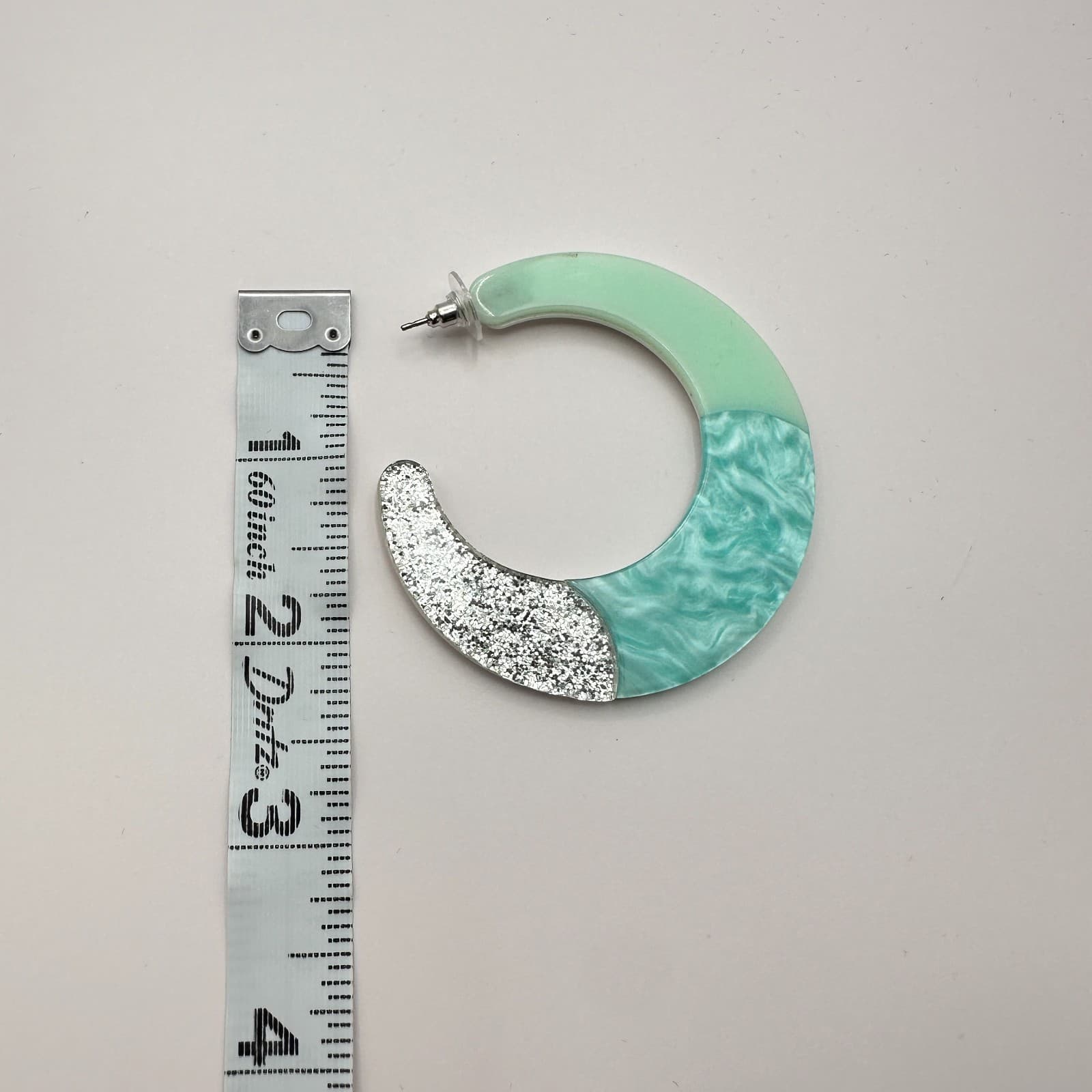 Vintage Y2K Silver Tone Mint Green Marble Glitter Hoop Earrings Women's Jewelry - Thumbnail 6