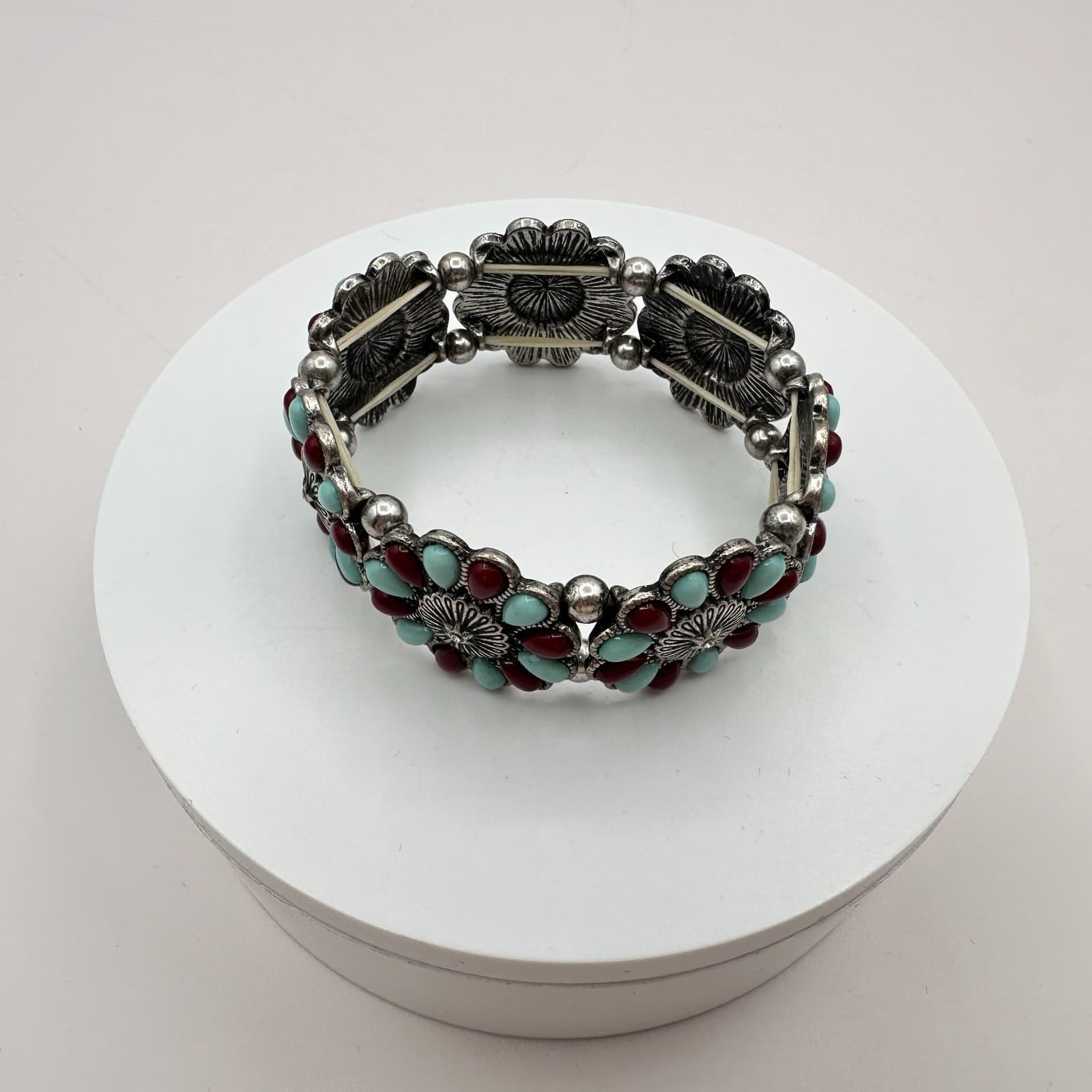 Vintage Y2K Silver Tone Turquoise Red Cabochon Stretch Floral Bracelet Jewelry - Thumbnail 2