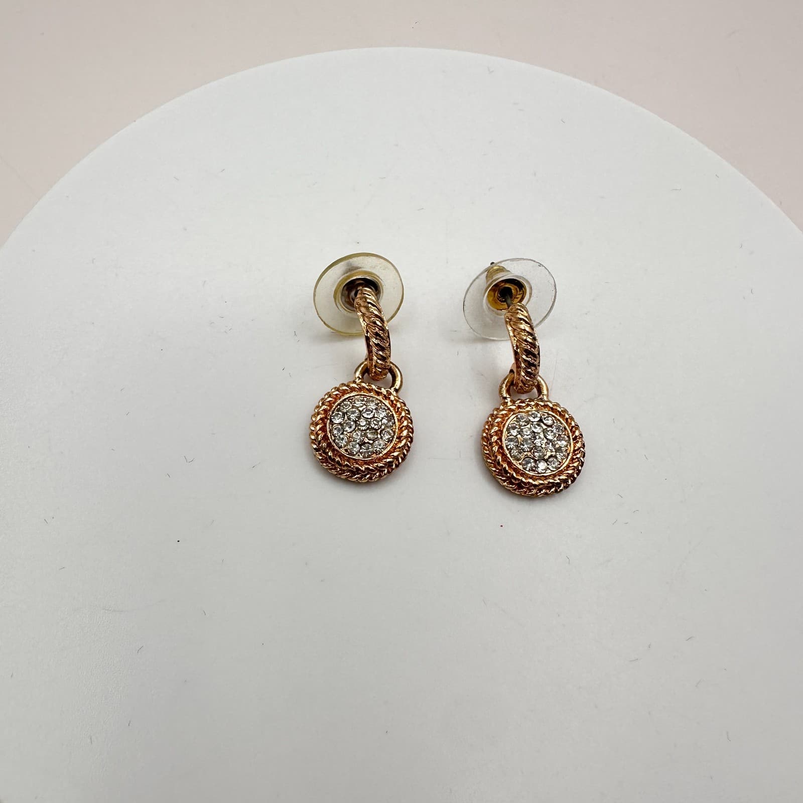Vintage 90s Gold Tone Glass Pave Round Drop Dangle Earrings Fashion Jewelry - Thumbnail 3