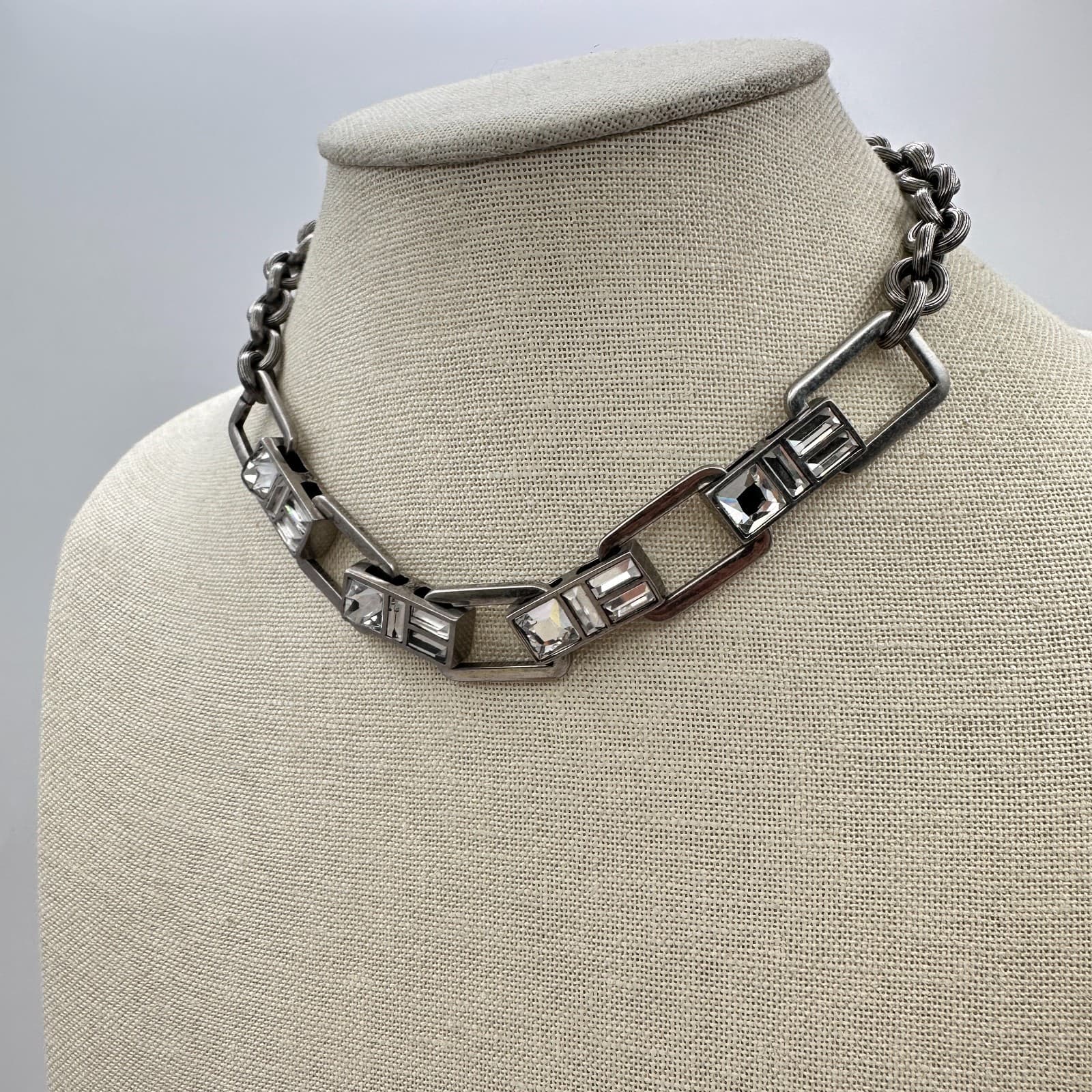 VTG 90s Keren Hanan Silver Tone Clear Glass Industrial Link Statement Necklace - Thumbnail 4