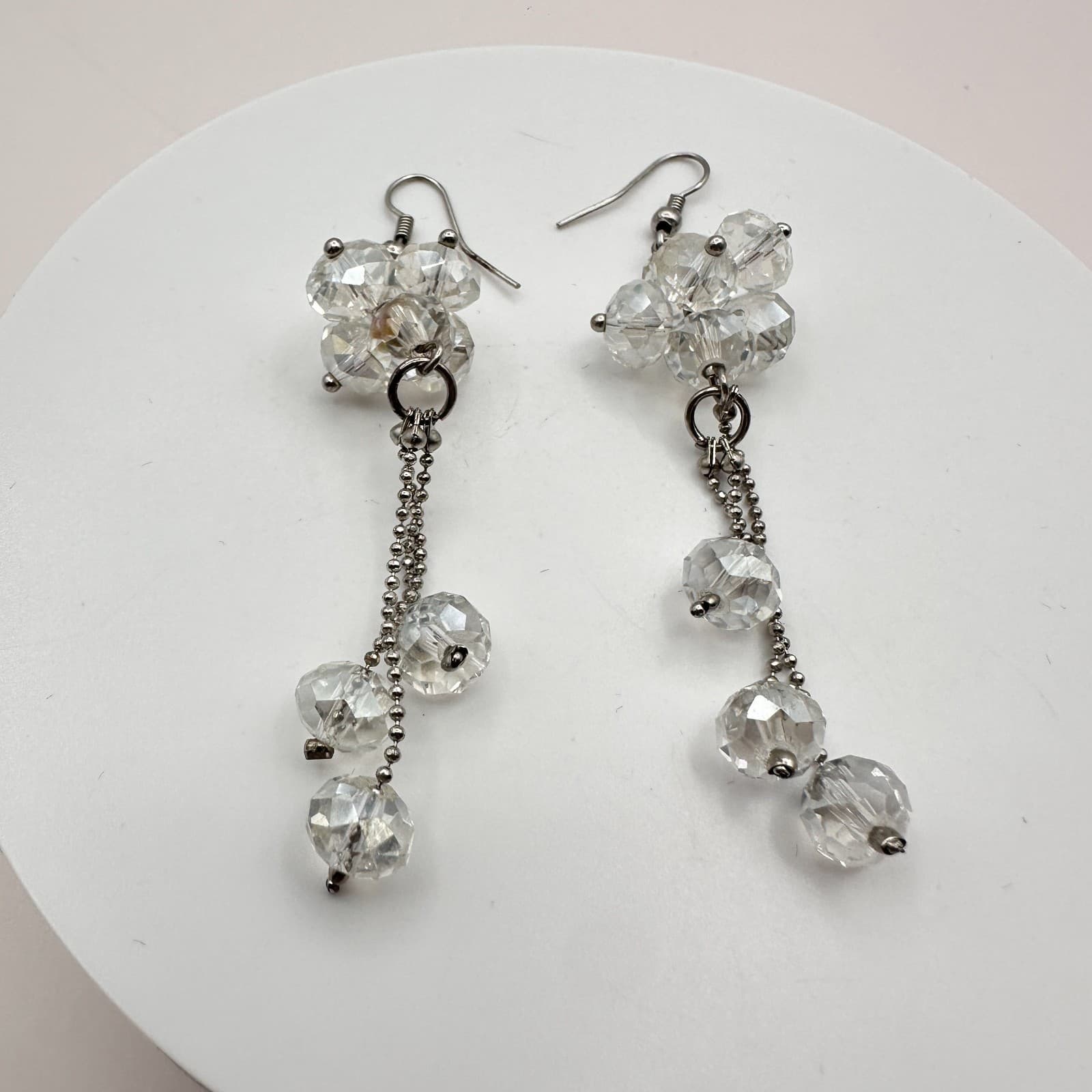 Vintage Y2K Silver Tone Clear Faceted Glass Beaded Tassel Earrings Jewelry - Thumbnail 3