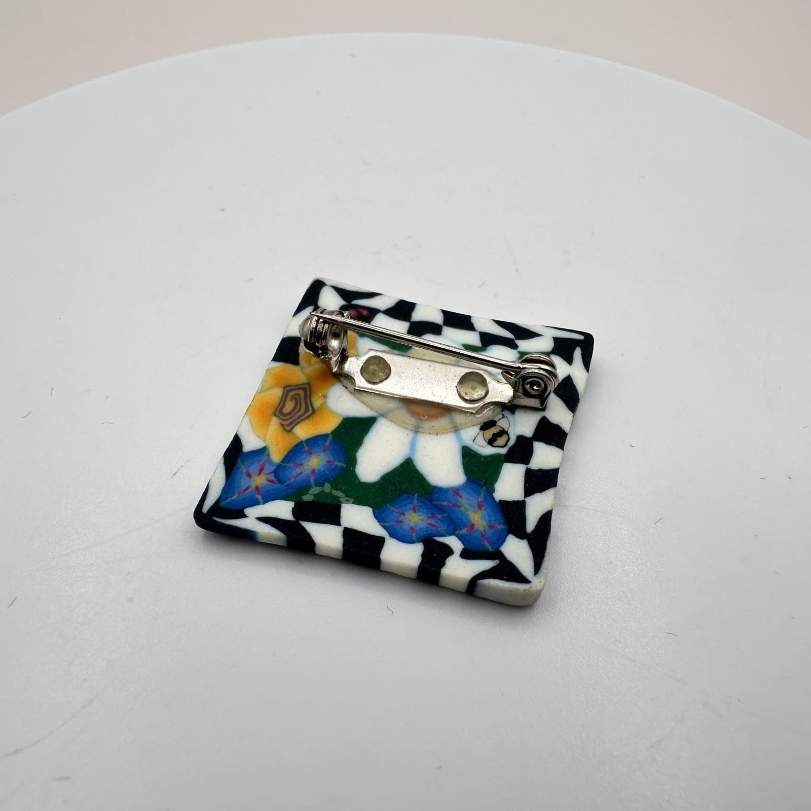 Vintage Y2K Silver Tone Polycrome Clay Bee Floral Square Brooch Pin Jewelry - Thumbnail 6