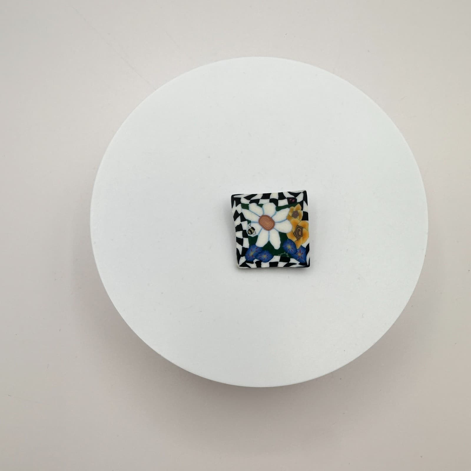 Vintage Y2K Silver Tone Polycrome Clay Bee Floral Square Brooch Pin Jewelry - Thumbnail 2