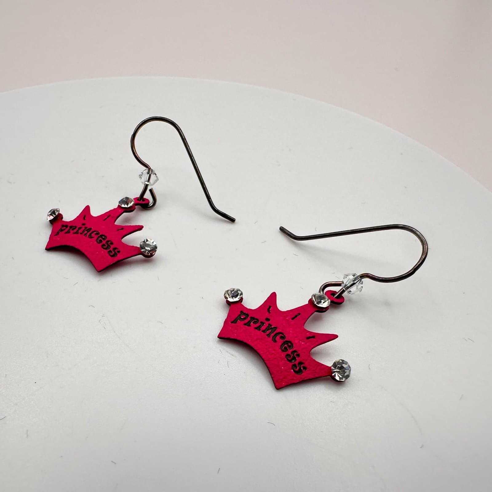 Vintage 90s Y2K Pink Princess Crown Rhinestone Dangle Earrings Women's Jewelry - Thumbnail 4