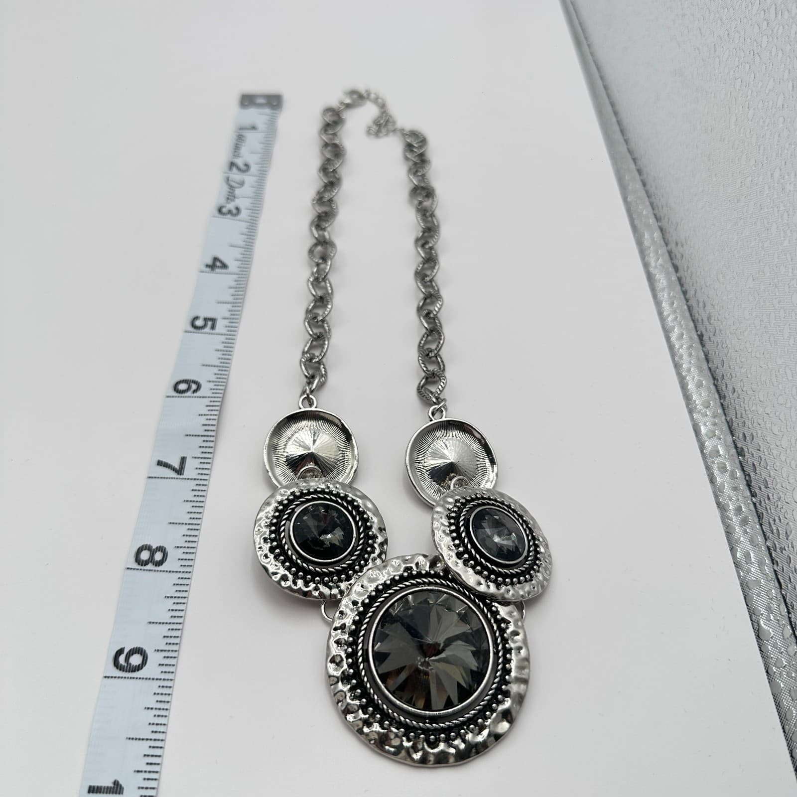 Vintage 80s Global Glamour Silver Short Statement Necklace Smoky Gems Jewelry - Thumbnail 10