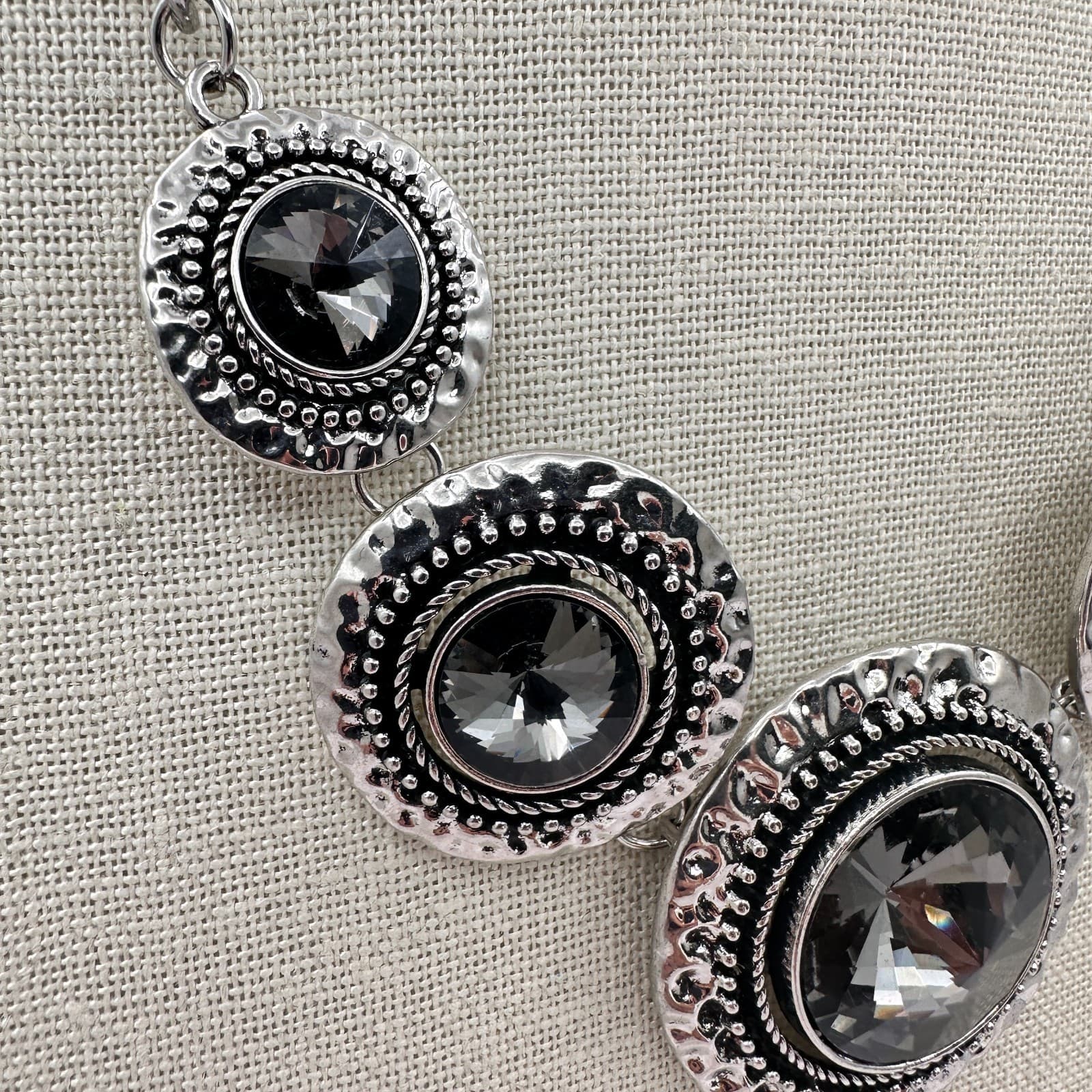 Vintage 80s Global Glamour Silver Short Statement Necklace Smoky Gems Jewelry - Thumbnail 4