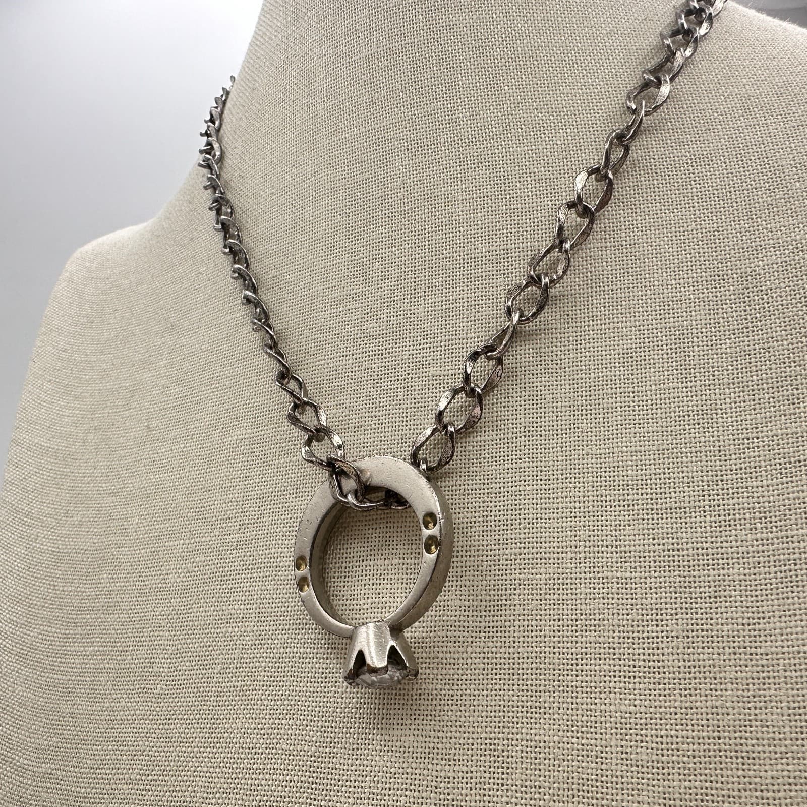 Vintage 90s Clear Rhinestone Ring Pendant Necklace Silver Tone Curb Chain - Thumbnail 7