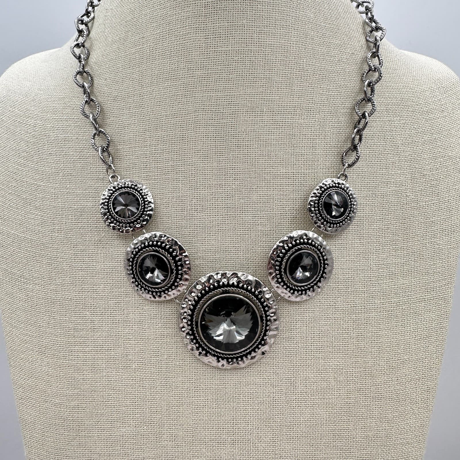 Vintage 80s Global Glamour Silver Short Statement Necklace Smoky Gems Jewelry - Thumbnail 7