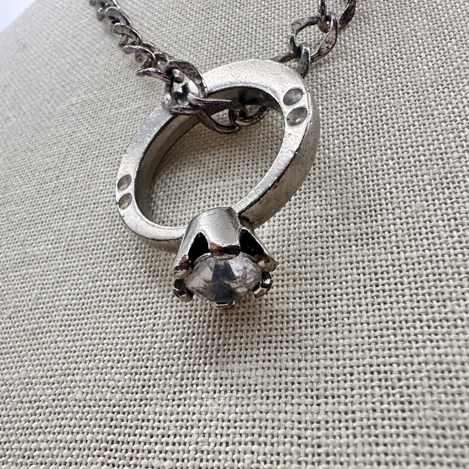 Vintage 90s Clear Rhinestone Ring Pendant Necklace Silver Tone Curb Chain - Thumbnail 6