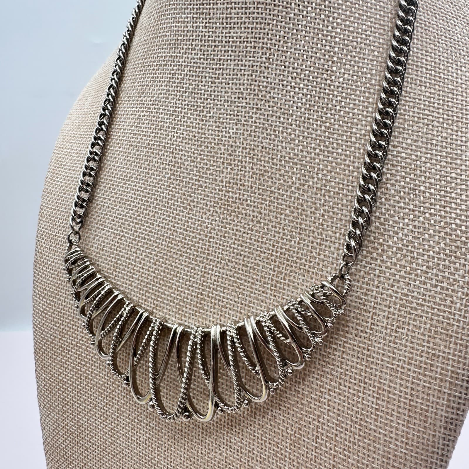 Vintage 90s Silver Tone Bib Necklace Rope Open Looping Link Statement Jewelry - Thumbnail 6