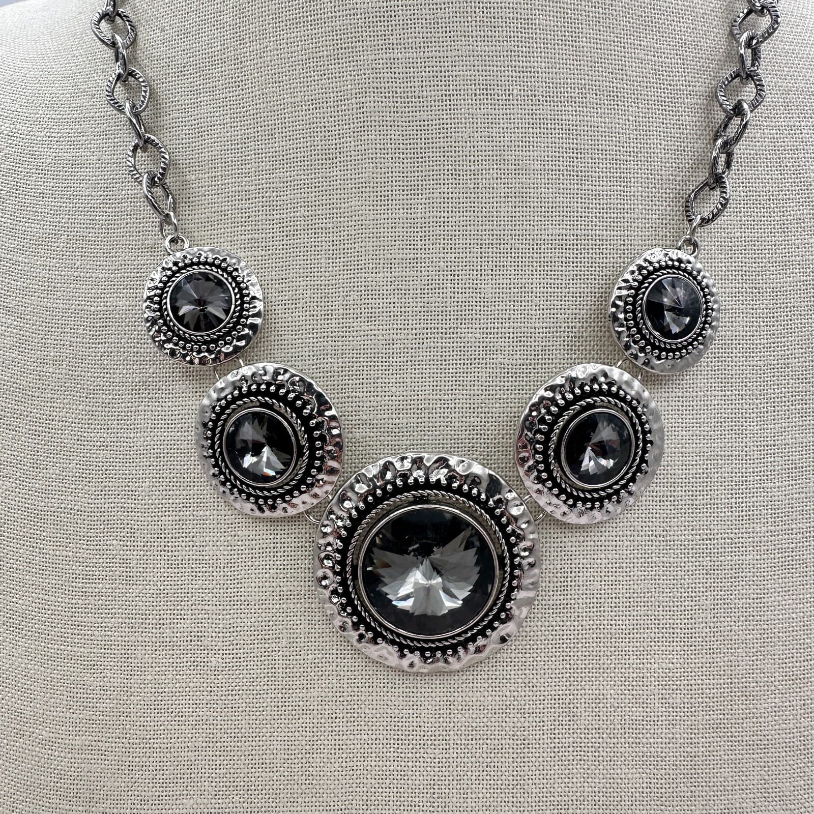 Vintage 80s Global Glamour Silver Short Statement Necklace Smoky Gems Jewelry - Thumbnail 6