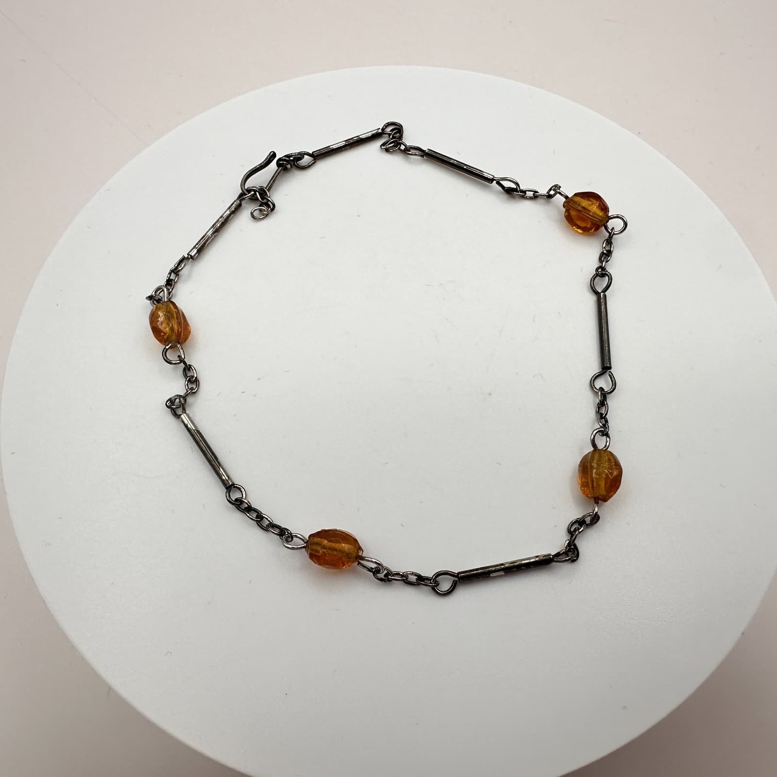 Vintage 90s Amber Beaded Bar Link Chain Bracelet Bronze Tone Women's Jewelry - Thumbnail 3