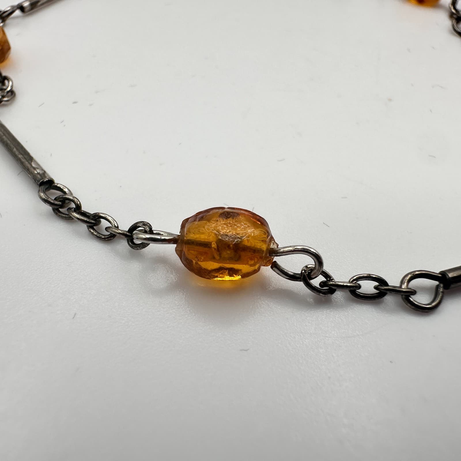 Vintage 90s Amber Beaded Bar Link Chain Bracelet Bronze Tone Women's Jewelry - Thumbnail 4
