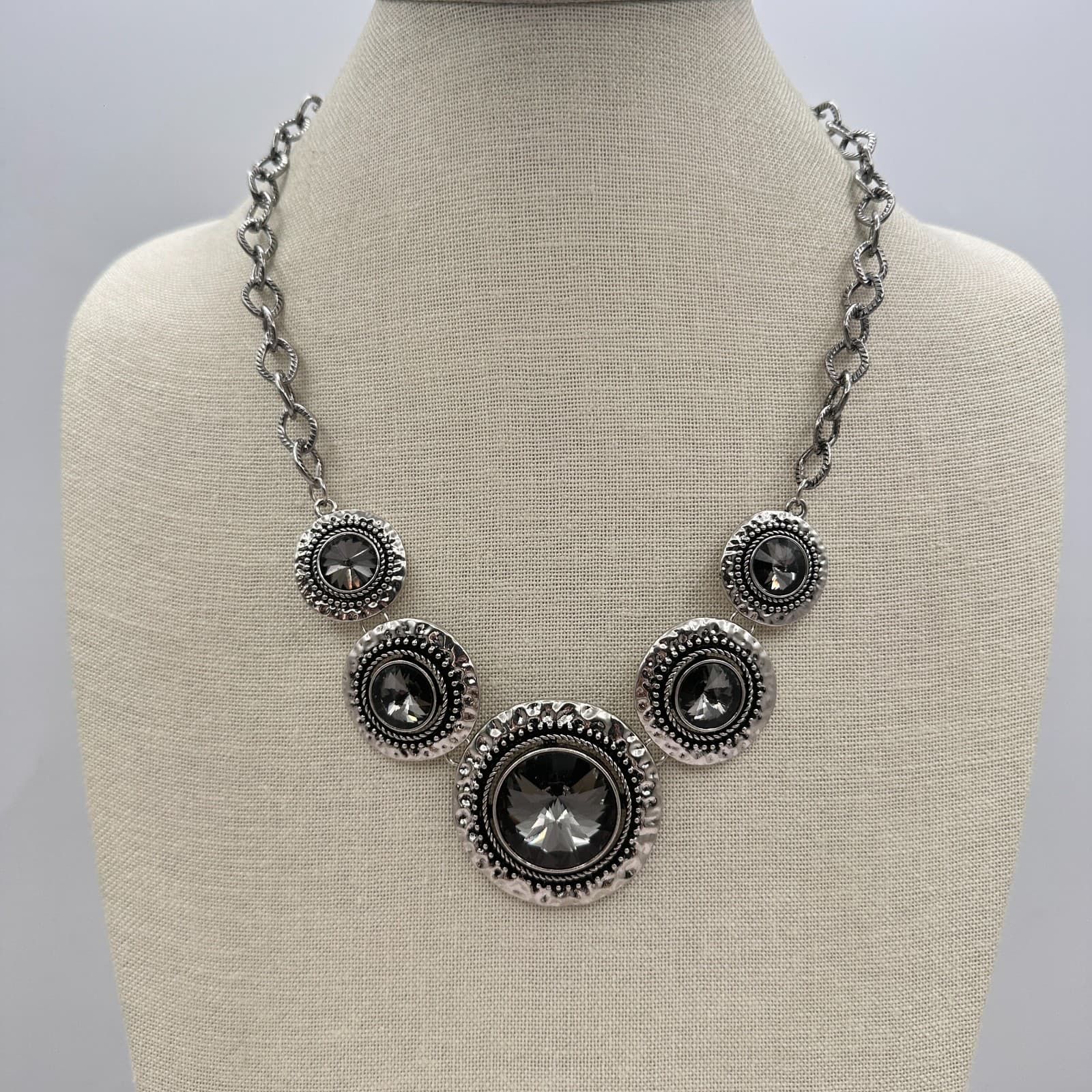 Vintage 80s Global Glamour Silver Short Statement Necklace Smoky Gems Jewelry - Thumbnail 8