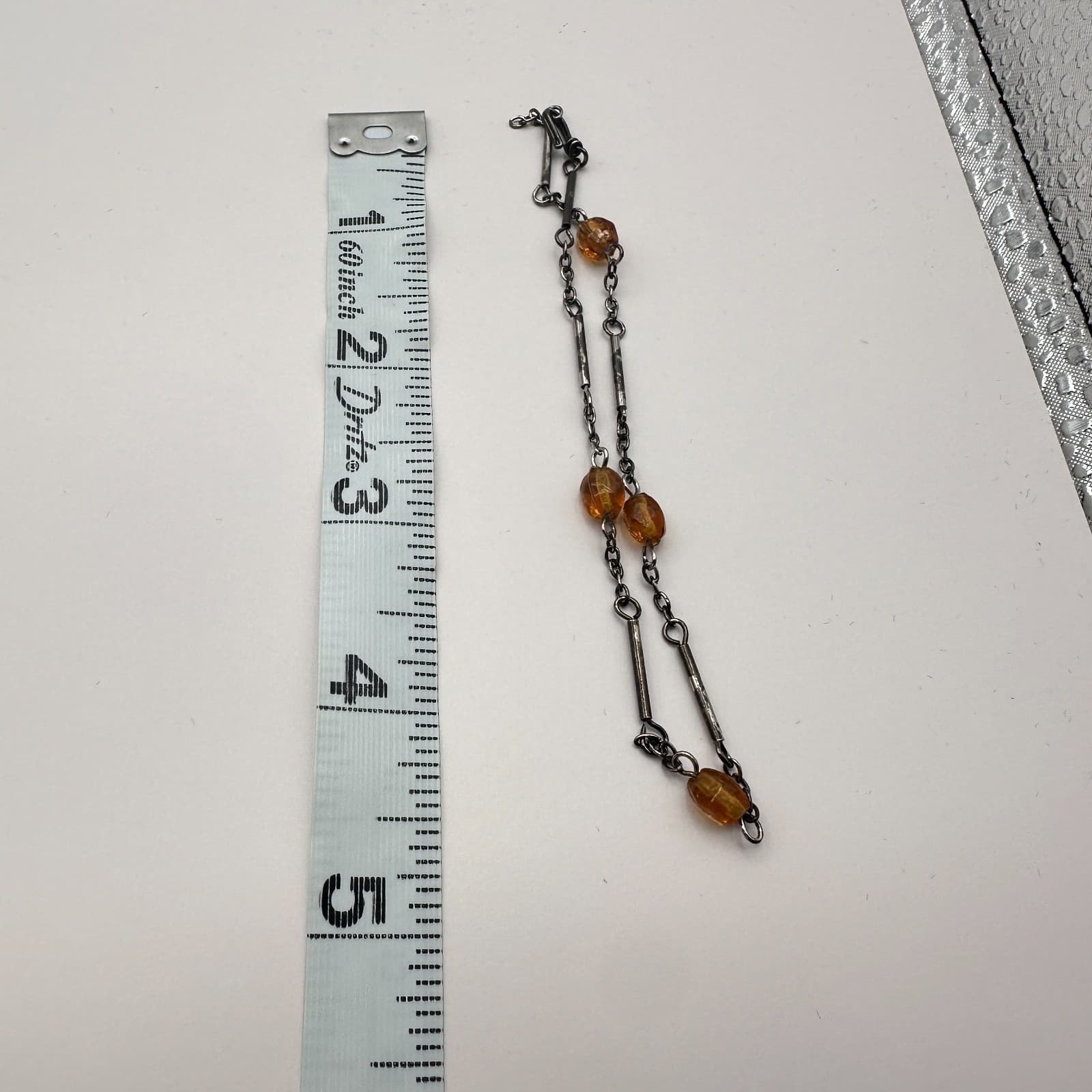 Vintage 90s Amber Beaded Bar Link Chain Bracelet Bronze Tone Women's Jewelry - Thumbnail 8