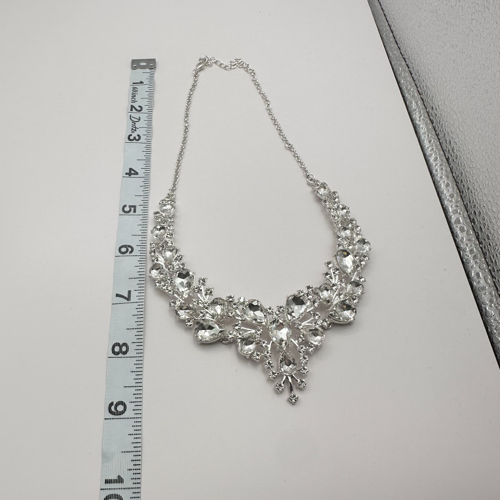 Vintage 90s Silver Tone Clear Rhinestone Bib Necklace Women's Classic Jewelry - Thumbnail 9