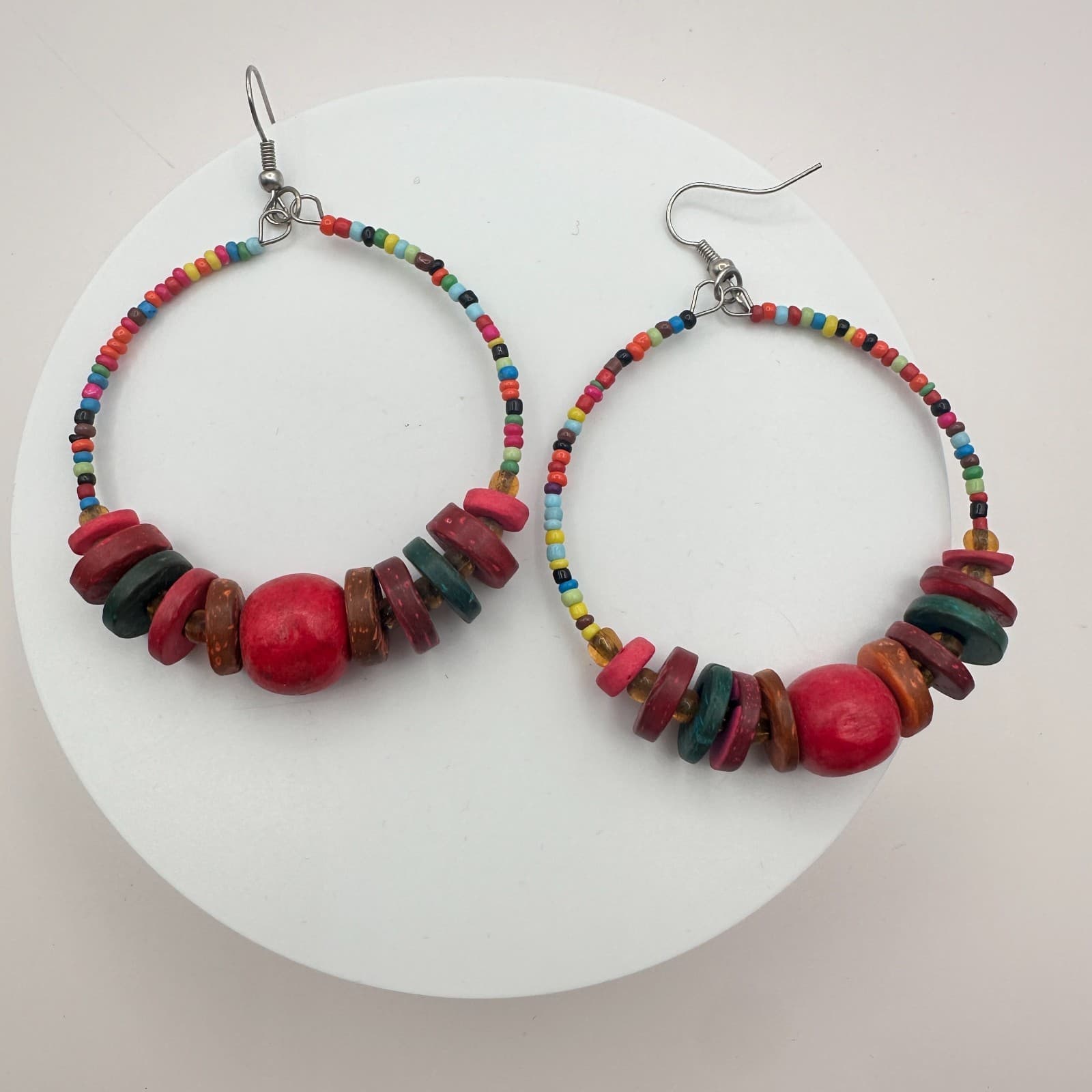 Vintage 80s 90s Wood & Glass Bead Hoop Earrings Boho Festival Fashion Jewelry - Thumbnail 2