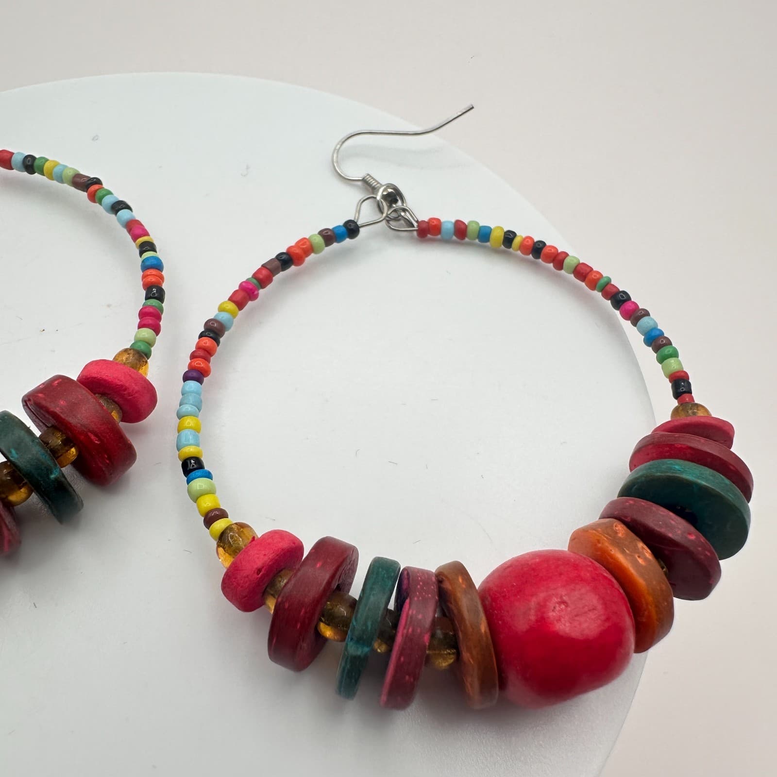 Vintage 80s 90s Wood & Glass Bead Hoop Earrings Boho Festival Fashion Jewelry - Thumbnail 5