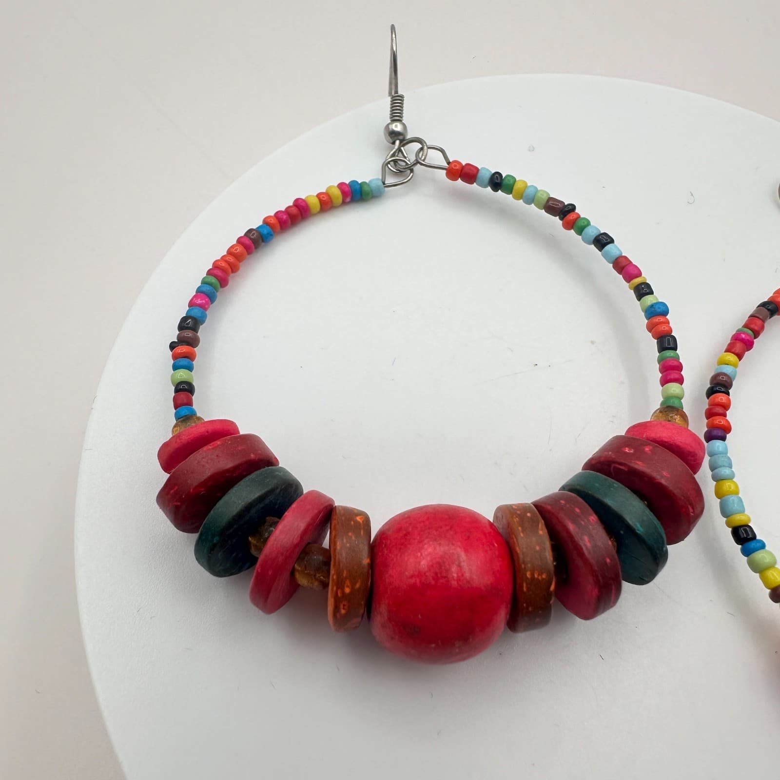Vintage 80s 90s Wood & Glass Bead Hoop Earrings Boho Festival Fashion Jewelry - Thumbnail 4