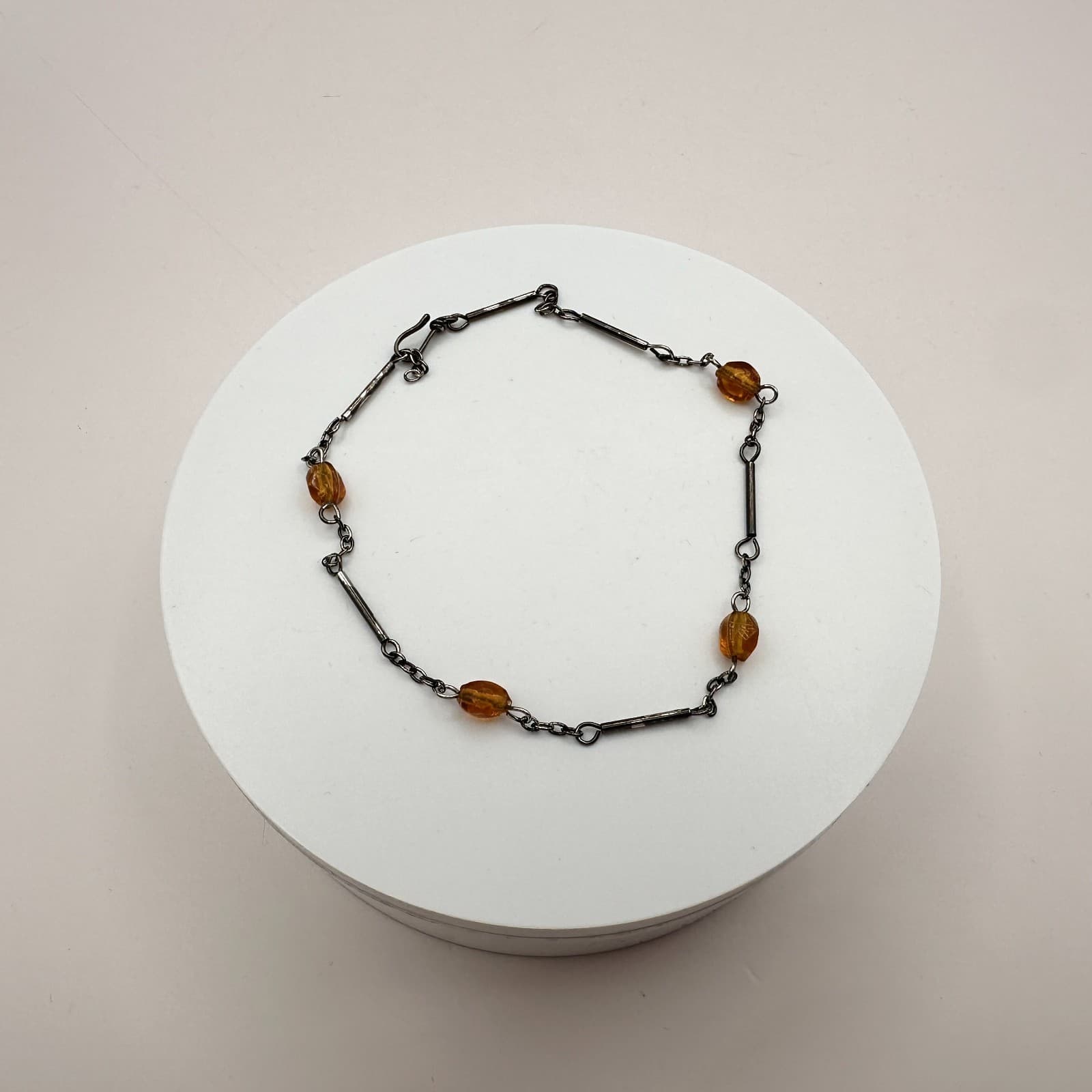 Vintage 90s Amber Beaded Bar Link Chain Bracelet Bronze Tone Women's Jewelry - Thumbnail 2