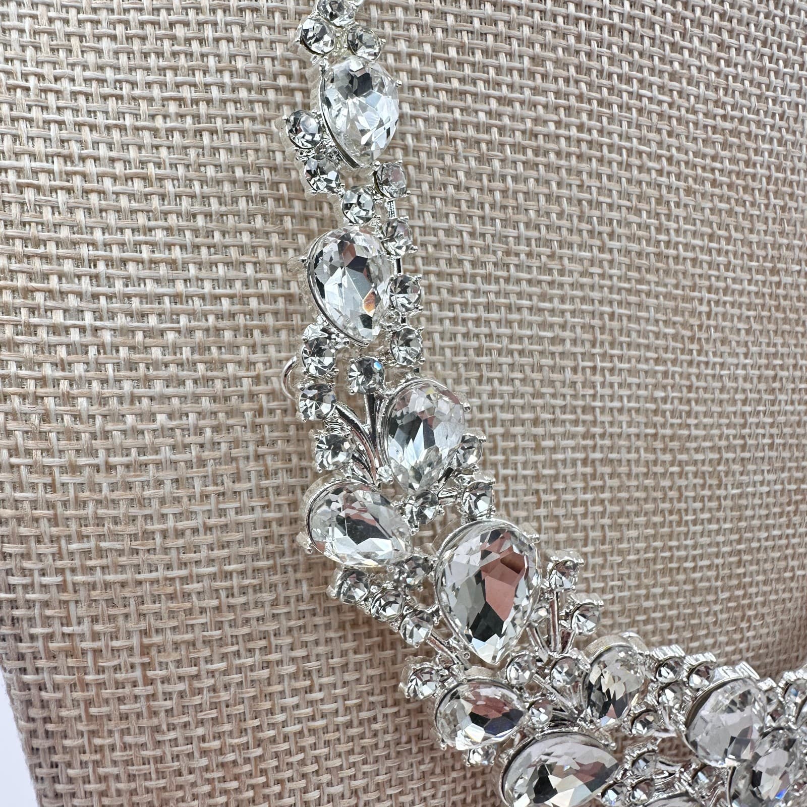 Vintage 90s Silver Tone Clear Rhinestone Bib Necklace Women's Classic Jewelry - Thumbnail 5