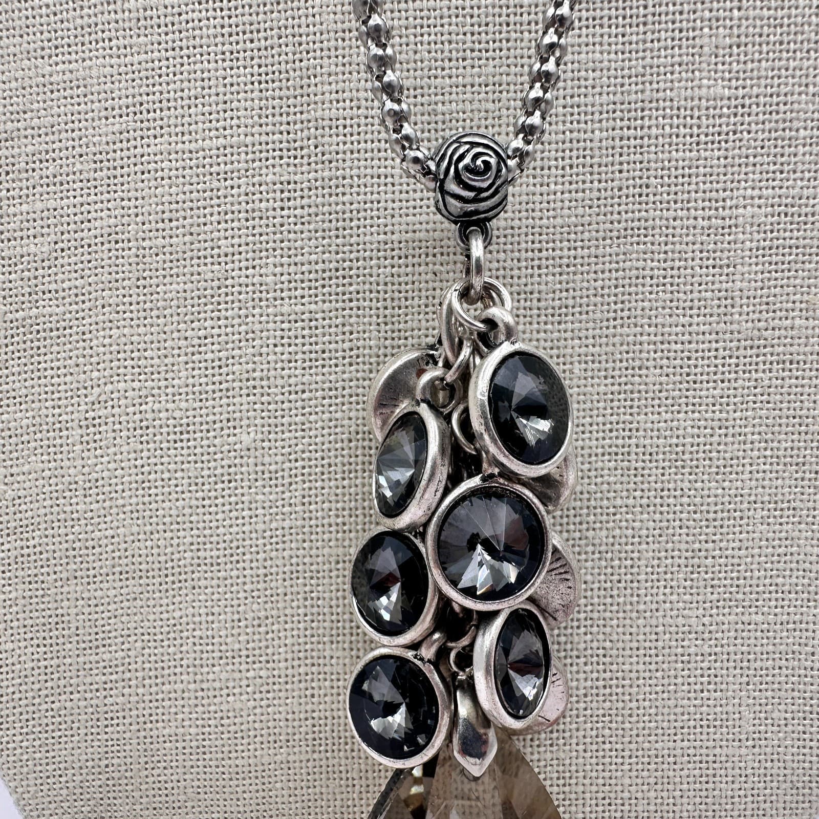 Vintage 80s Silver Tone Large Smokey Quartz Teardrop Statement Necklace Jewelry - Thumbnail 6