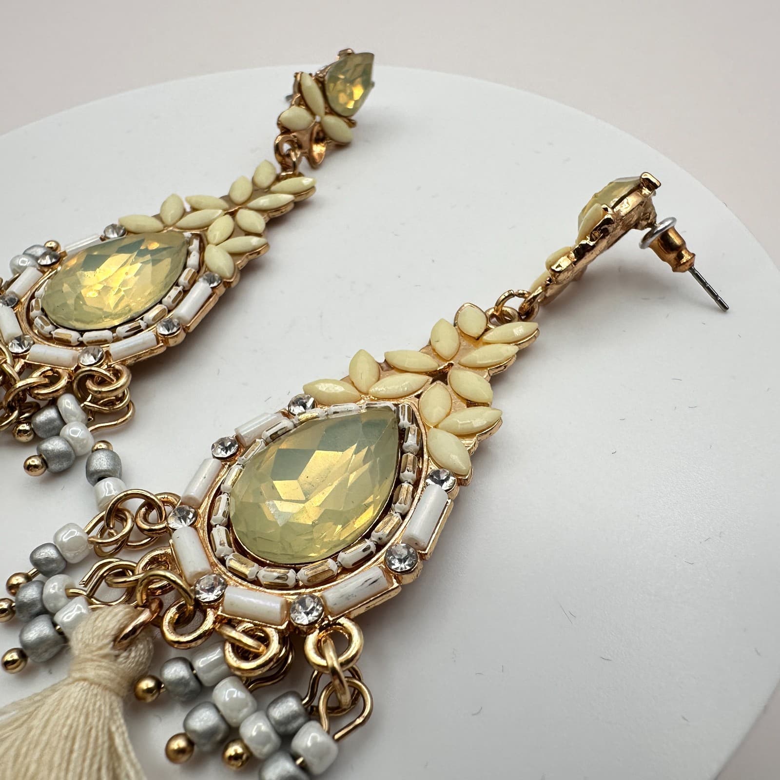 VTG 90s Y2K Rhinestone Beaded Tassel Teardrop Earrings Gold Tone Boho Jewelry - Thumbnail 5