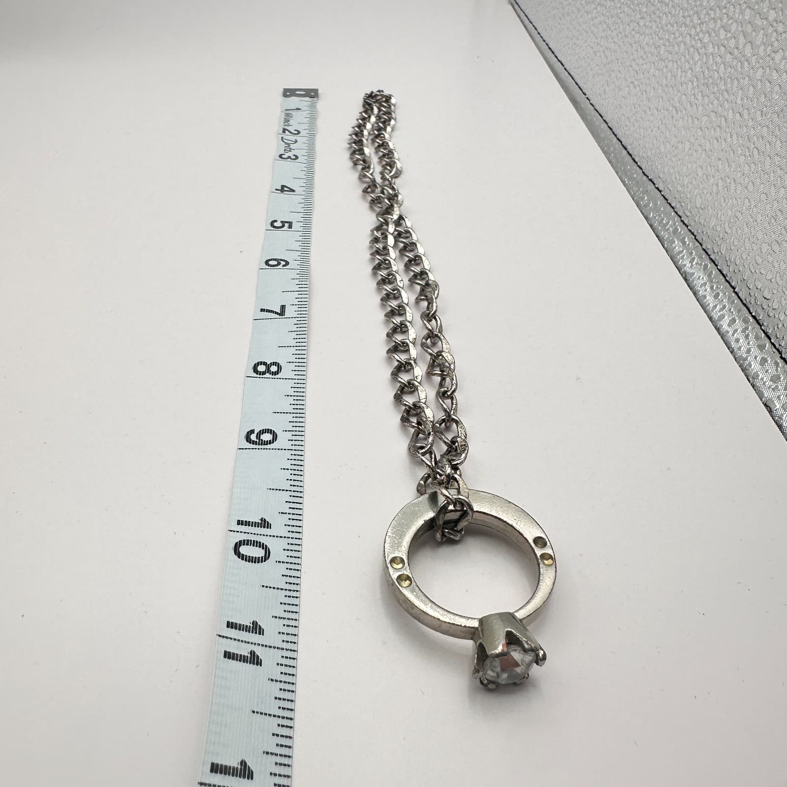 Vintage 90s Clear Rhinestone Ring Pendant Necklace Silver Tone Curb Chain - Thumbnail 8