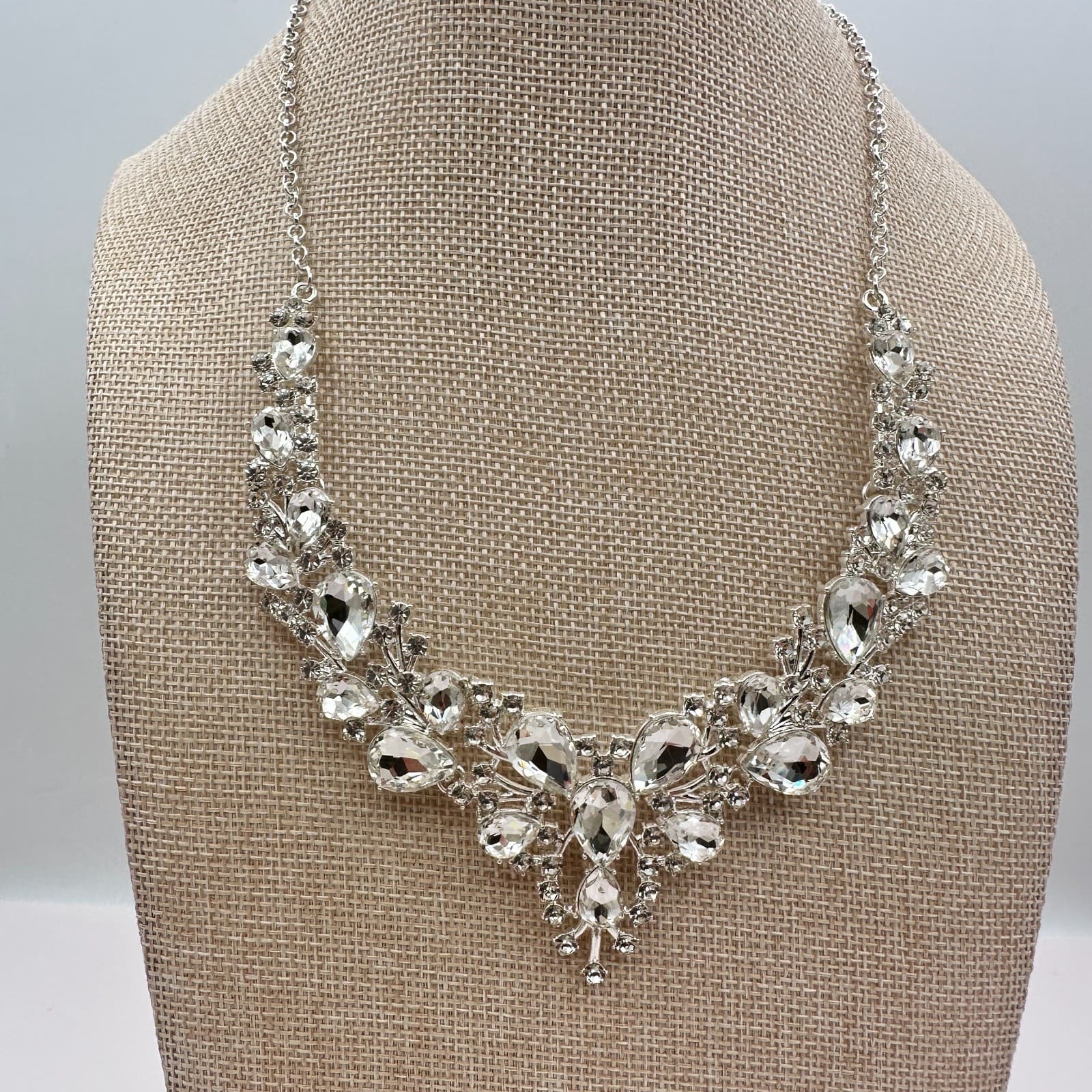 Vintage 90s Silver Tone Clear Rhinestone Bib Necklace Women's Classic Jewelry - Thumbnail 2