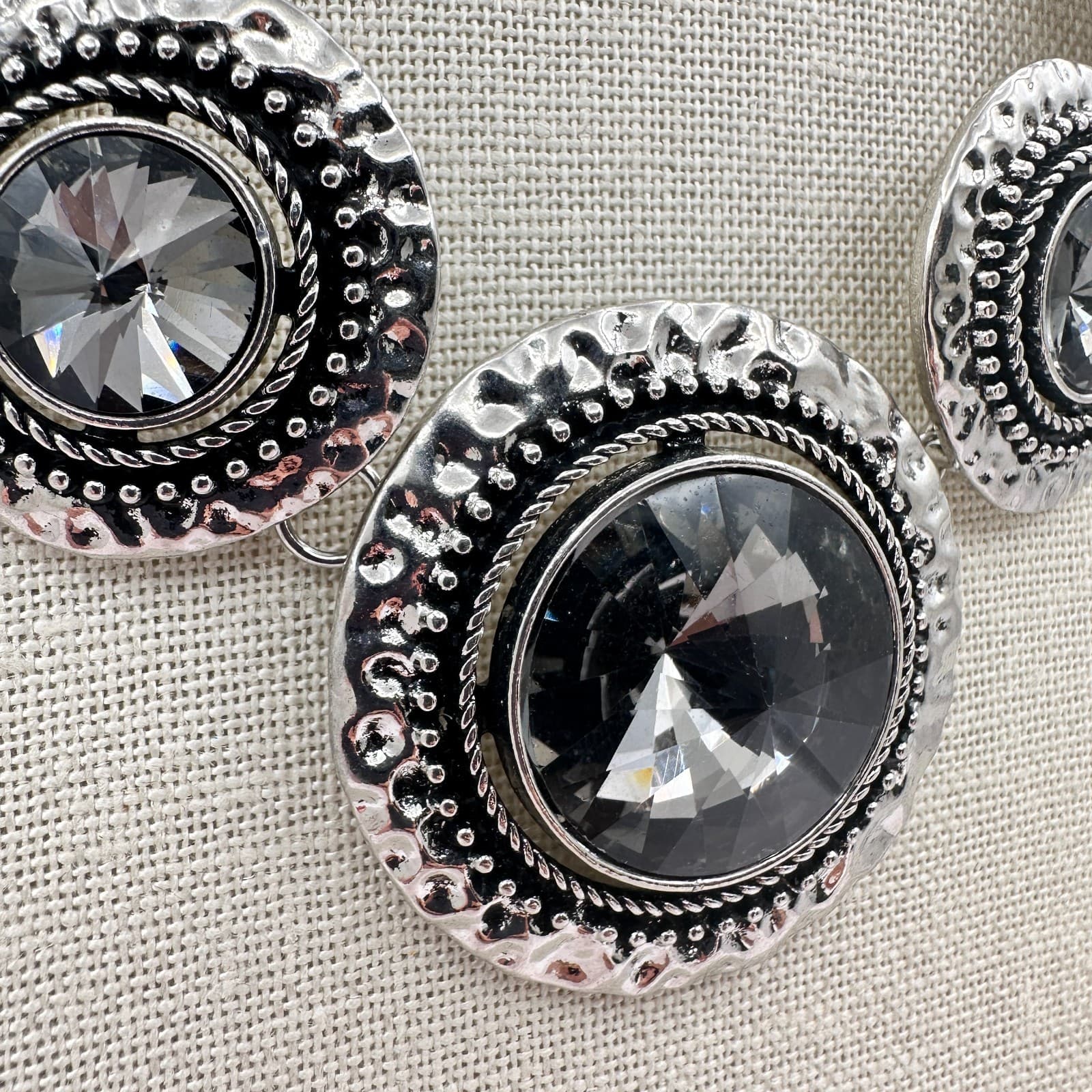 Vintage 80s Global Glamour Silver Short Statement Necklace Smoky Gems Jewelry - Thumbnail 5