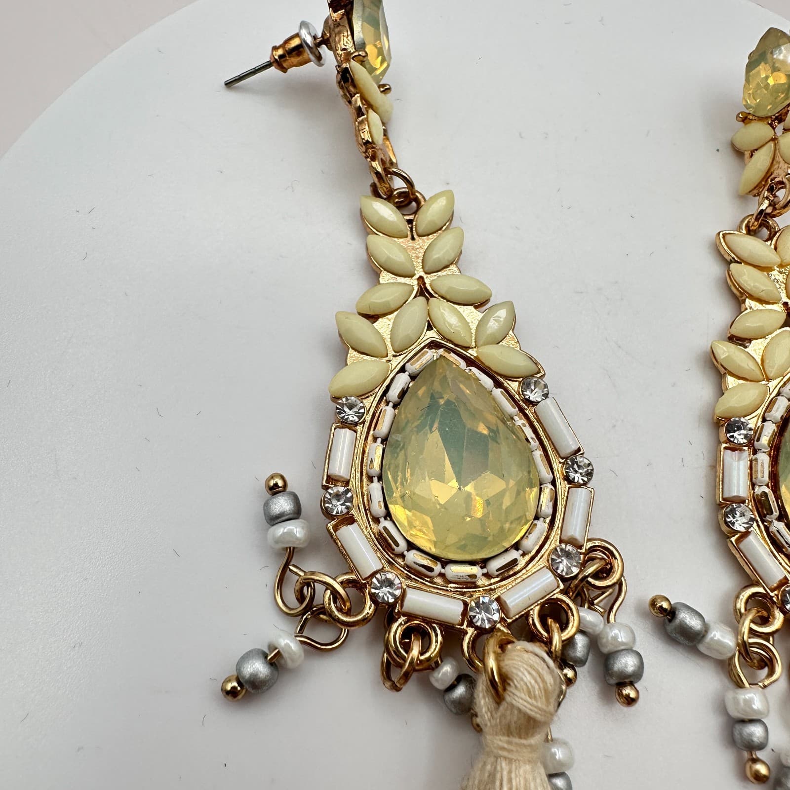 VTG 90s Y2K Rhinestone Beaded Tassel Teardrop Earrings Gold Tone Boho Jewelry - Thumbnail 4