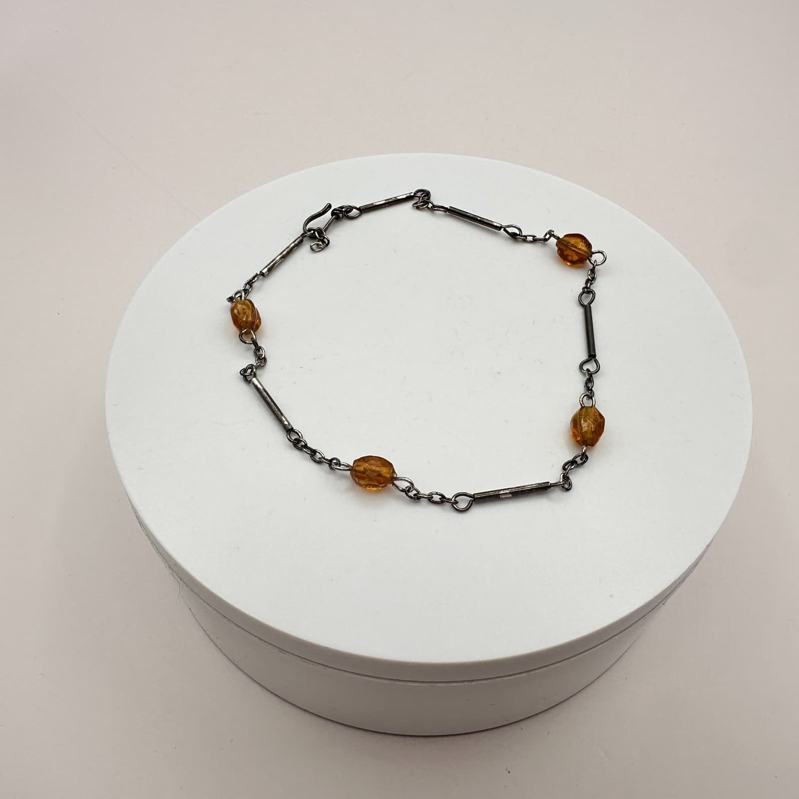 Vintage 90s Amber Beaded Bar Link Chain Bracelet Bronze Tone Women's Jewelry - Thumbnail 6