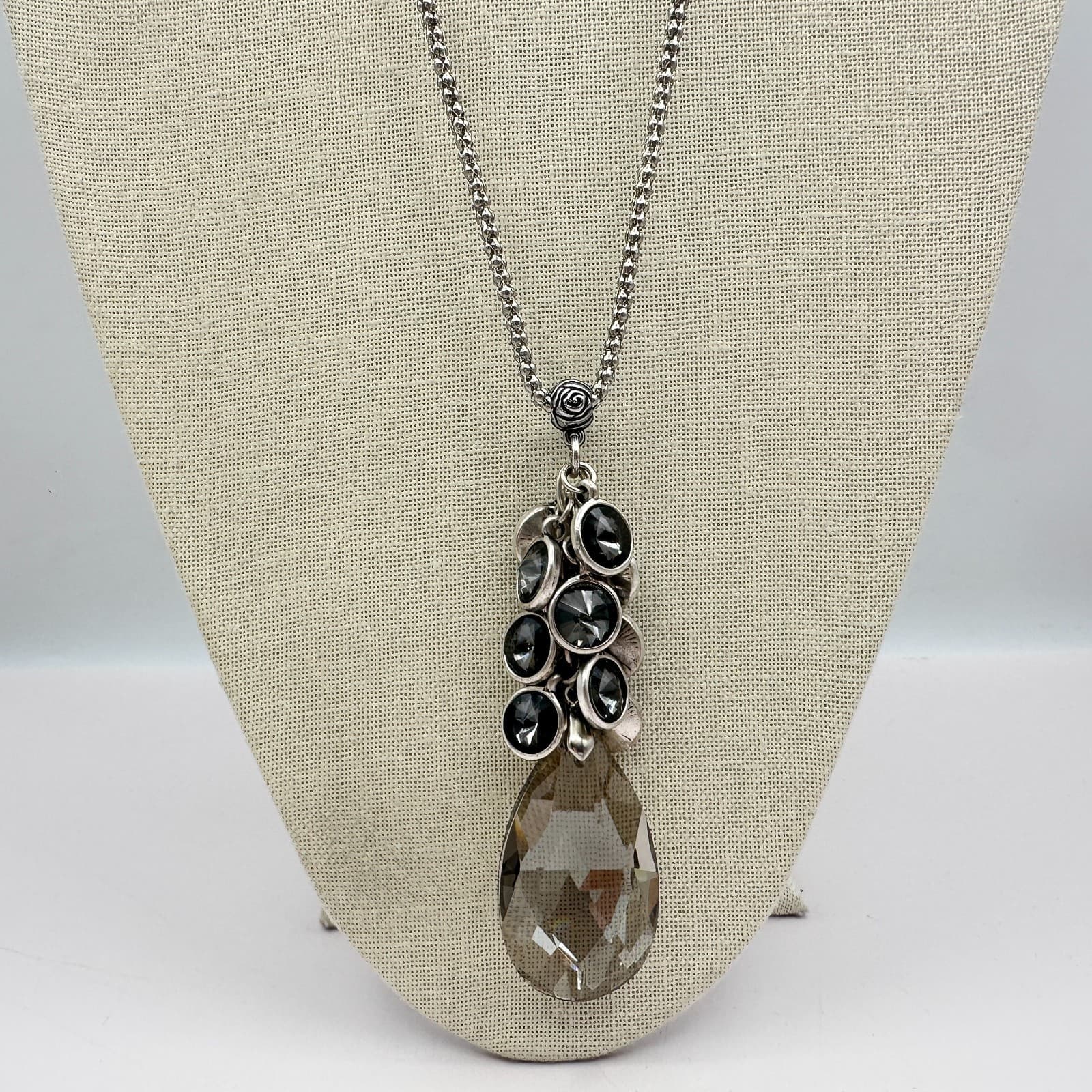 Vintage 80s Silver Tone Large Smokey Quartz Teardrop Statement Necklace Jewelry - Thumbnail 7