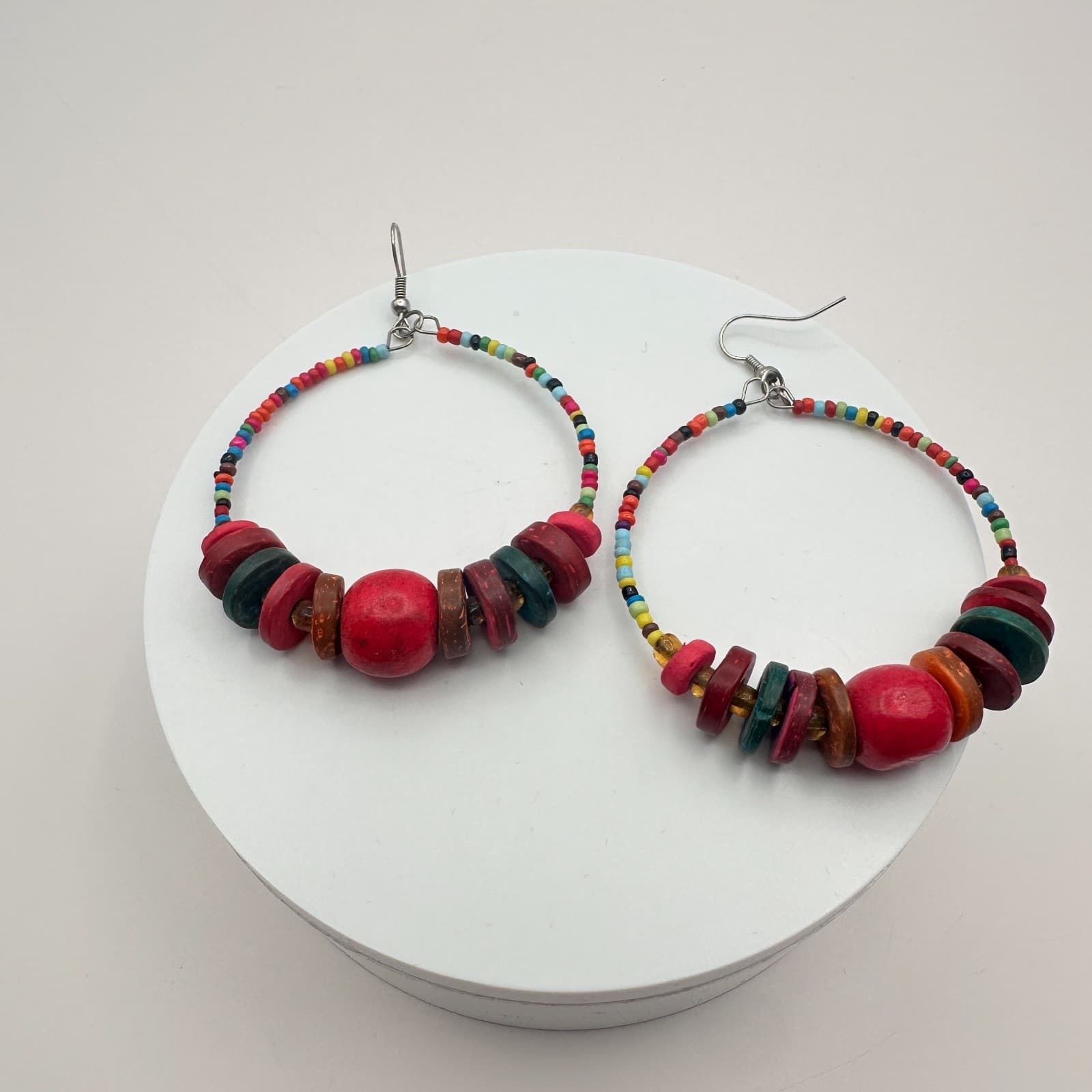 Vintage 80s 90s Wood & Glass Bead Hoop Earrings Boho Festival Fashion Jewelry - Thumbnail 6
