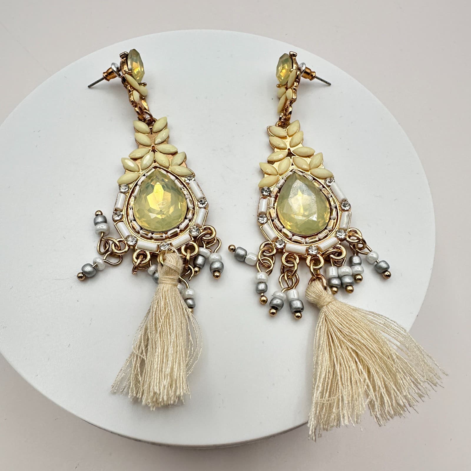 VTG 90s Y2K Rhinestone Beaded Tassel Teardrop Earrings Gold Tone Boho Jewelry - Thumbnail 3