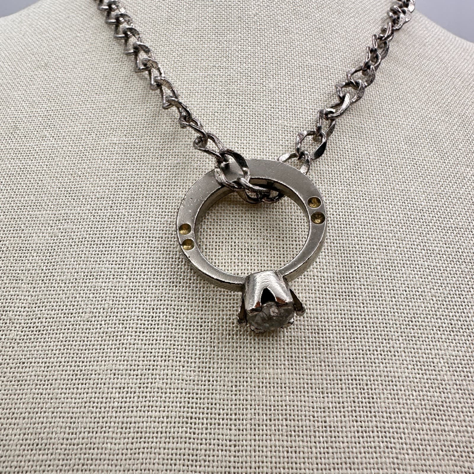 Vintage 90s Clear Rhinestone Ring Pendant Necklace Silver Tone Curb Chain - Thumbnail 3