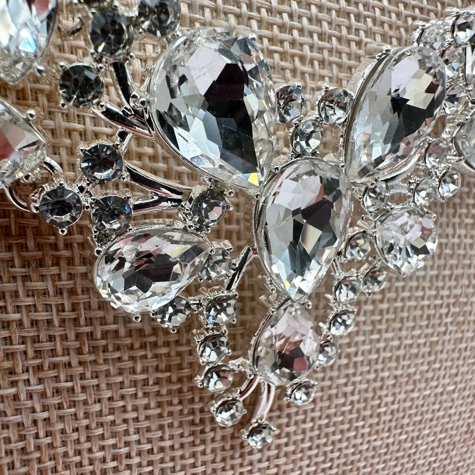 Vintage 90s Silver Tone Clear Rhinestone Bib Necklace Women's Classic Jewelry - Thumbnail 7