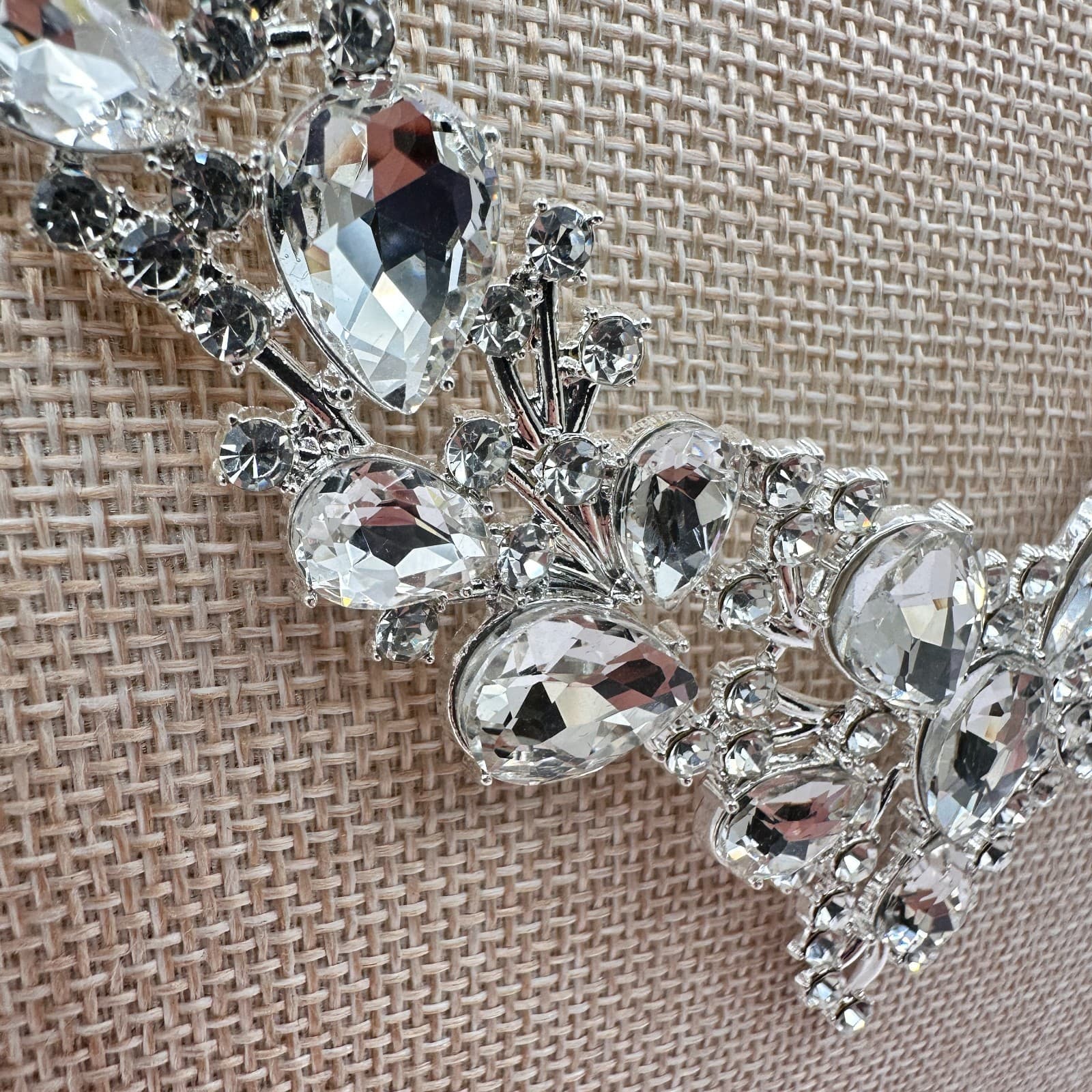 Vintage 90s Silver Tone Clear Rhinestone Bib Necklace Women's Classic Jewelry - Thumbnail 6